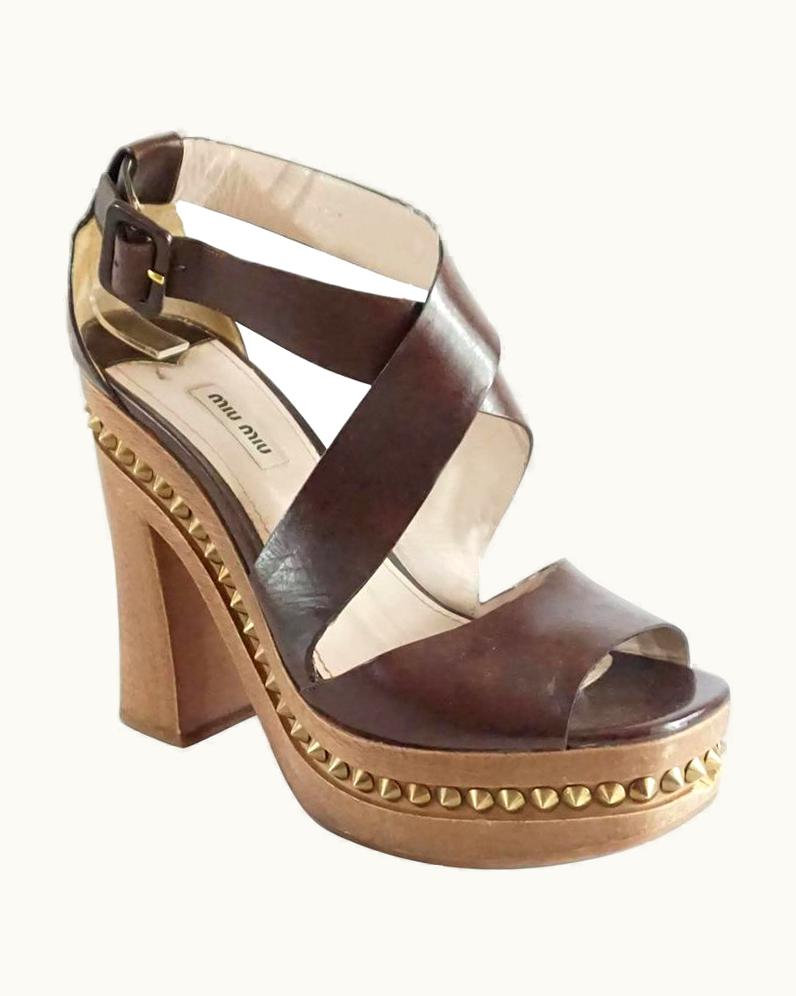 Miu Miu Miu Miu Brown Leather Strappy Sandal With Wood Chunky Heel