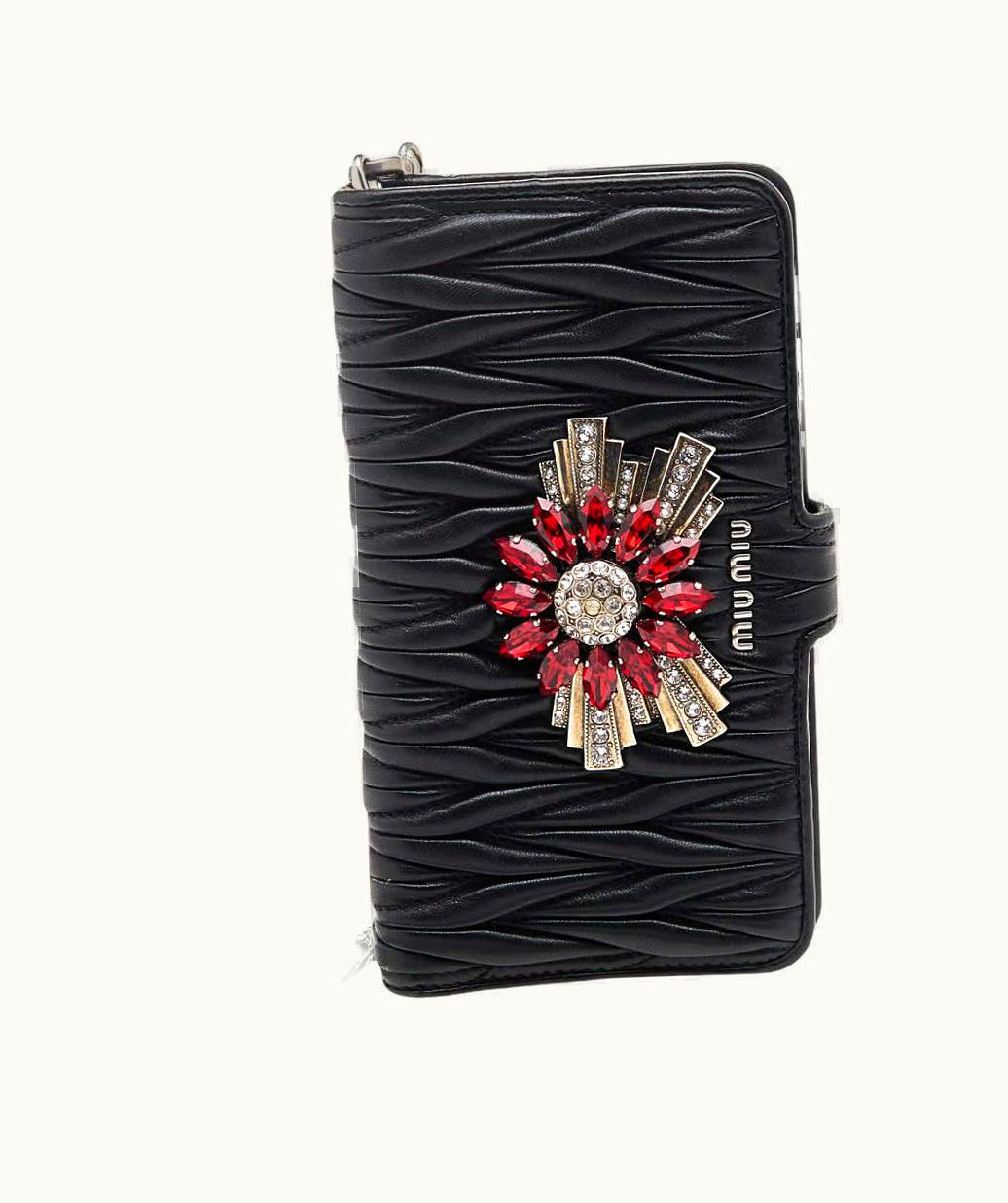 Miu Miu Miu Miu Black Matelasse Leather Flower Embellished iPhone 8 Plus Case