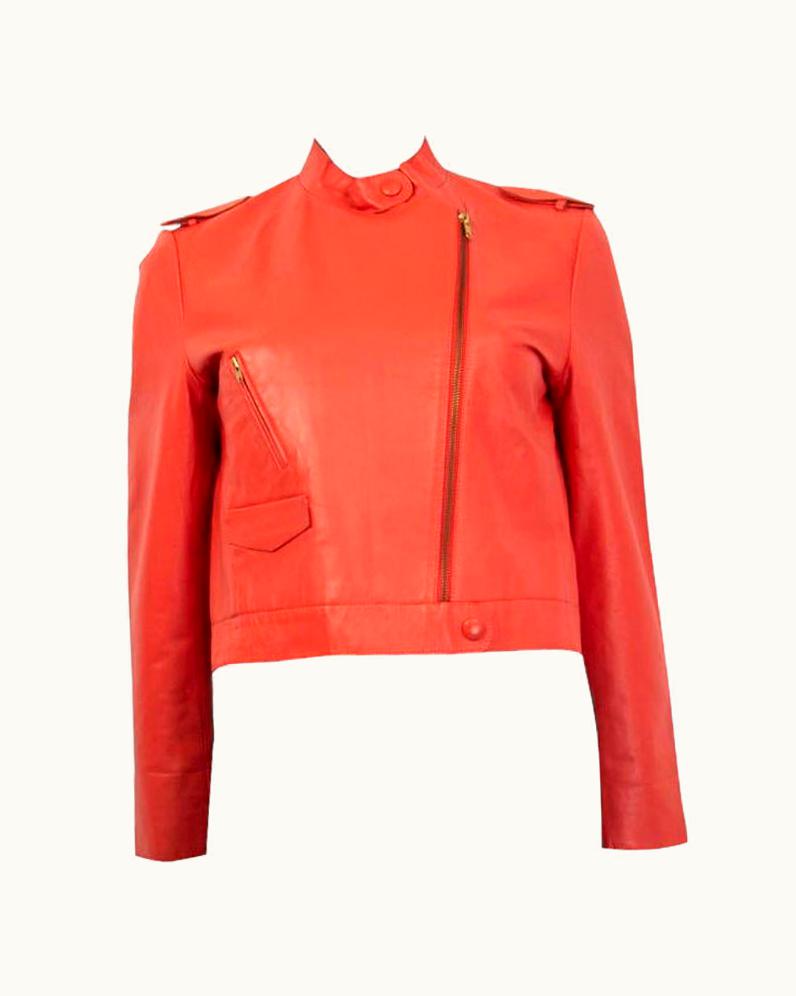 Miu Miu Miu Miu Coral Red Orange Leather Epaulettes Biker Jacket