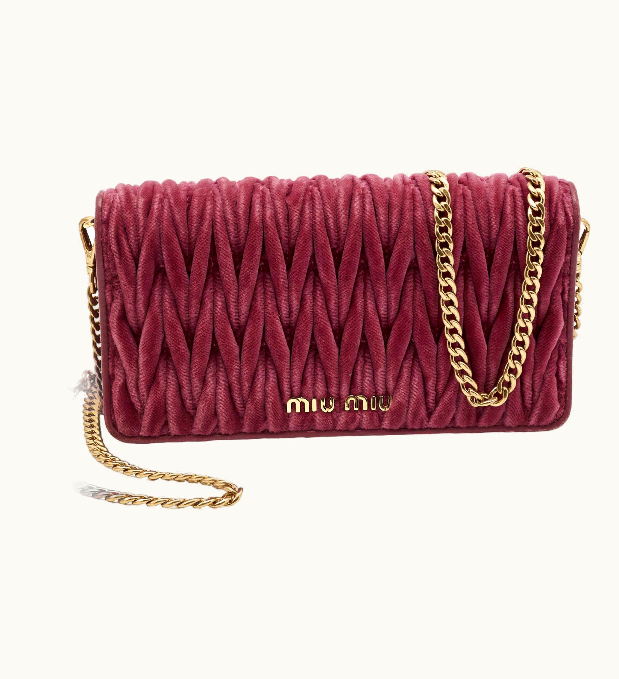 Miu Miu Miu Miu Pink Matelasse Velevt And Leather Wallet On Chain