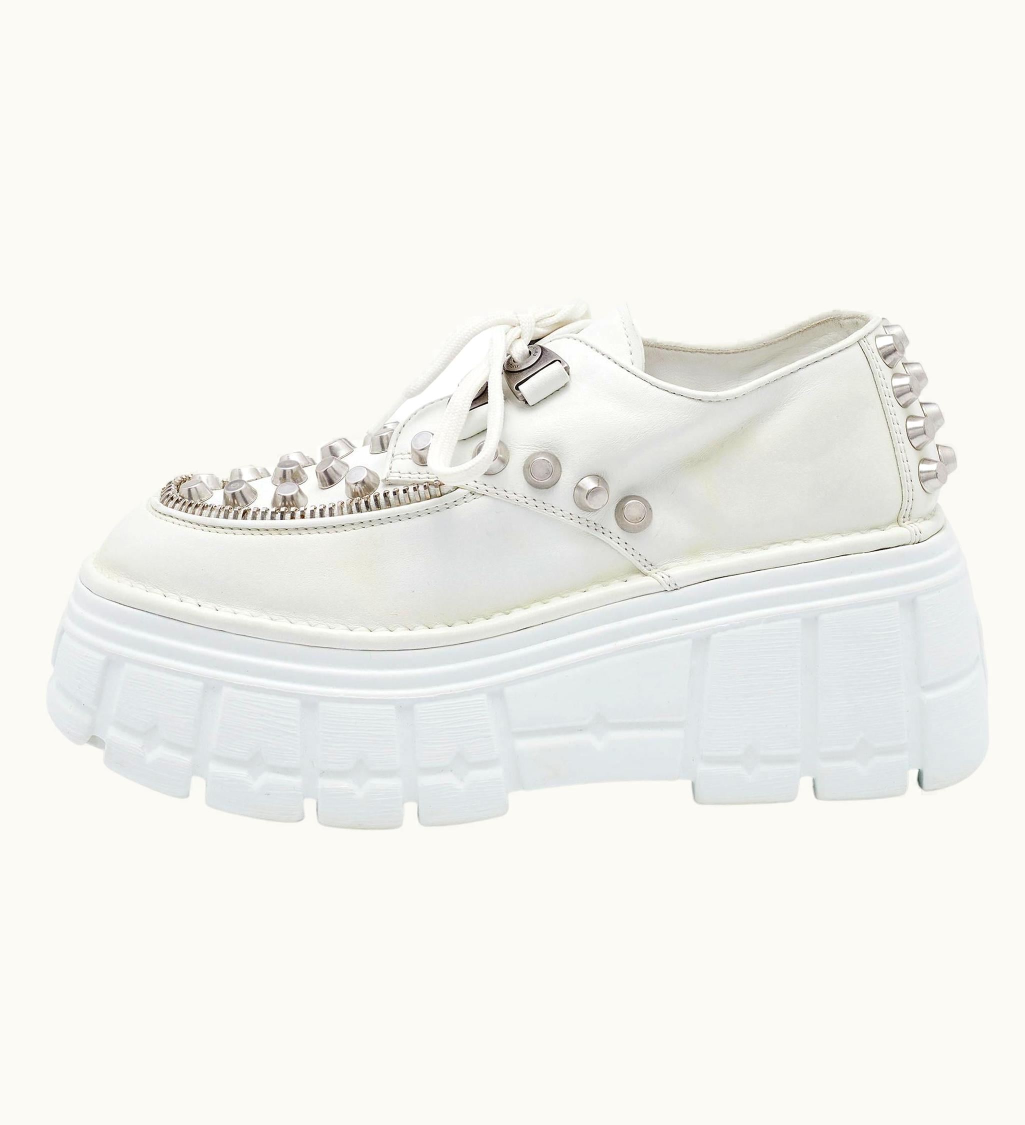 Miu Miu Miu Miu White Leather Embellished Platform Derby Sneakers