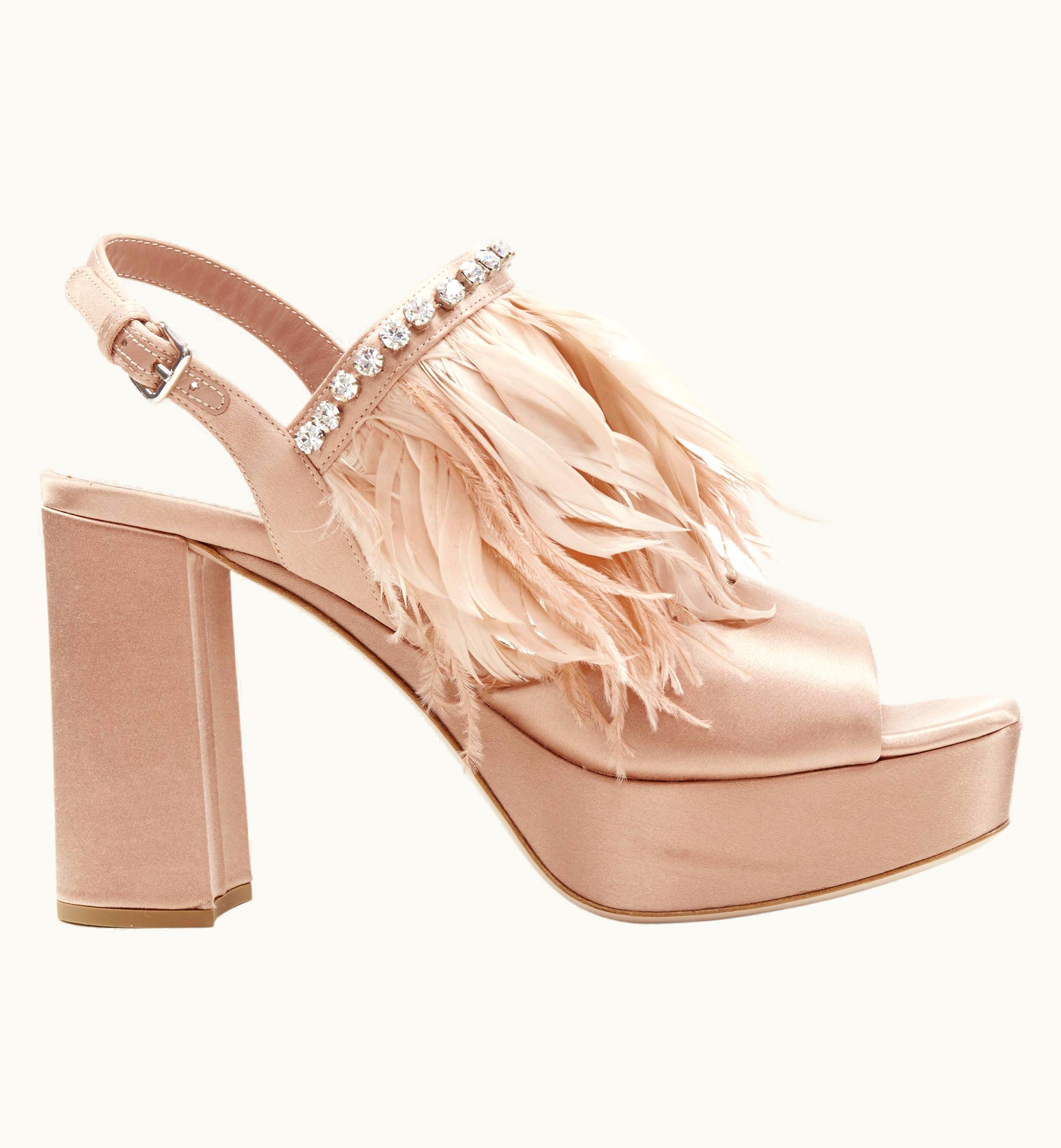 Miu Miu Miu Miu Nude Silk Satin Feather Jewel Crystal Platform Sandal