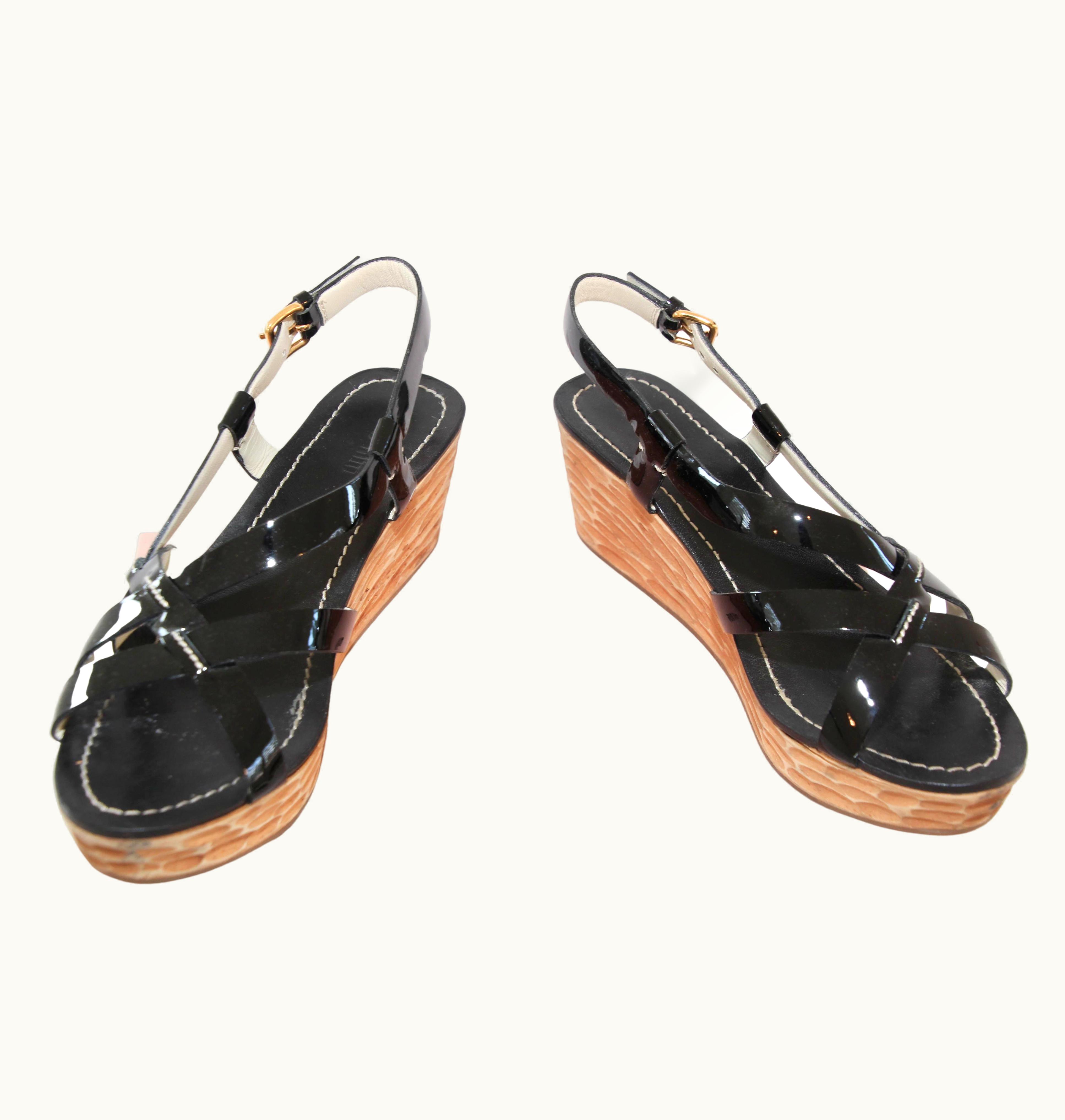 Miu Miu Miu Miu Black Criss Cross Patent Leather Sling Back Wooden Wedges Sandals
