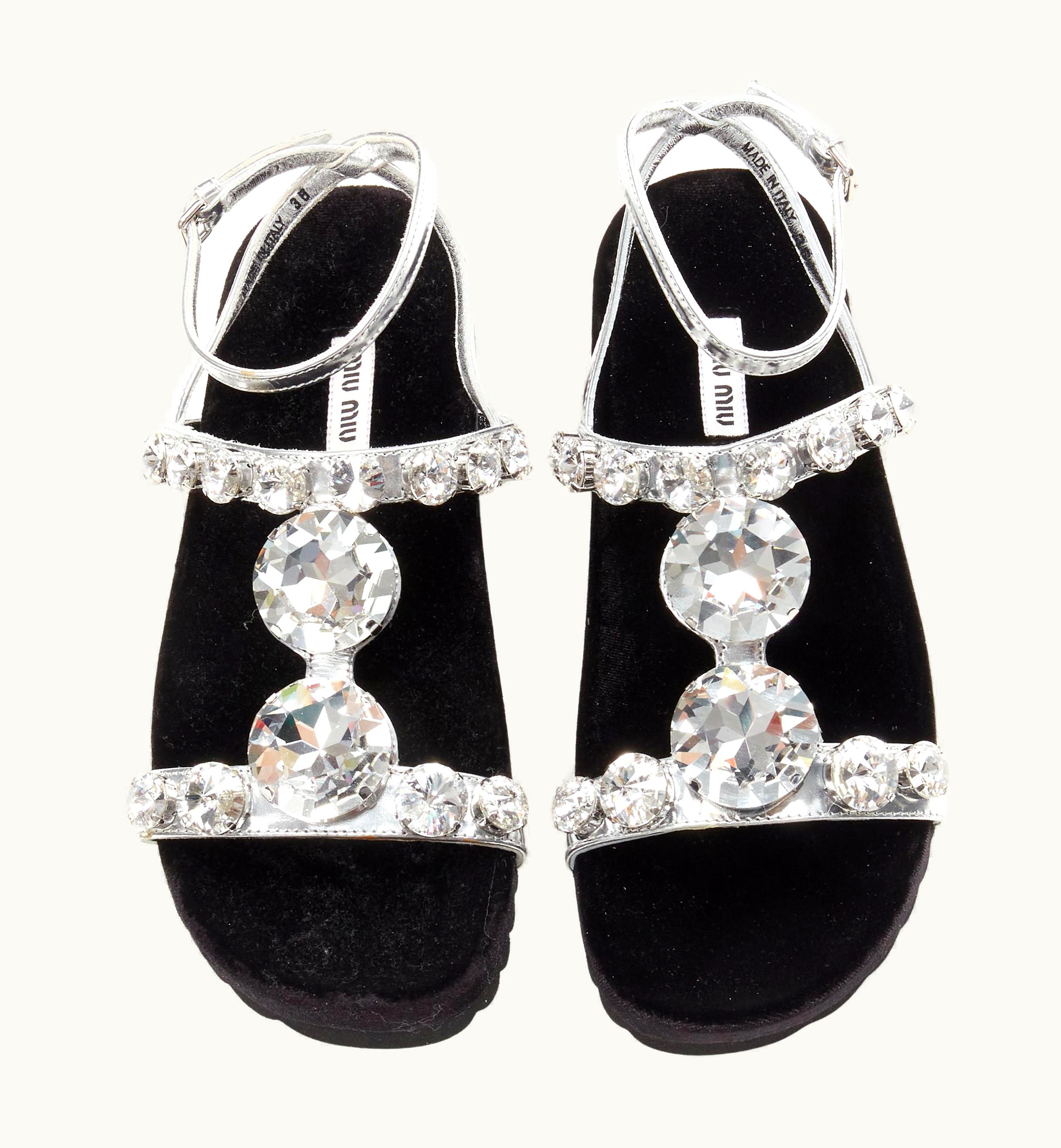 Miu Miu Miu Miu Large Rhinestone Crystal Metallic Silver Velvet Flat Sandals UZ0615880