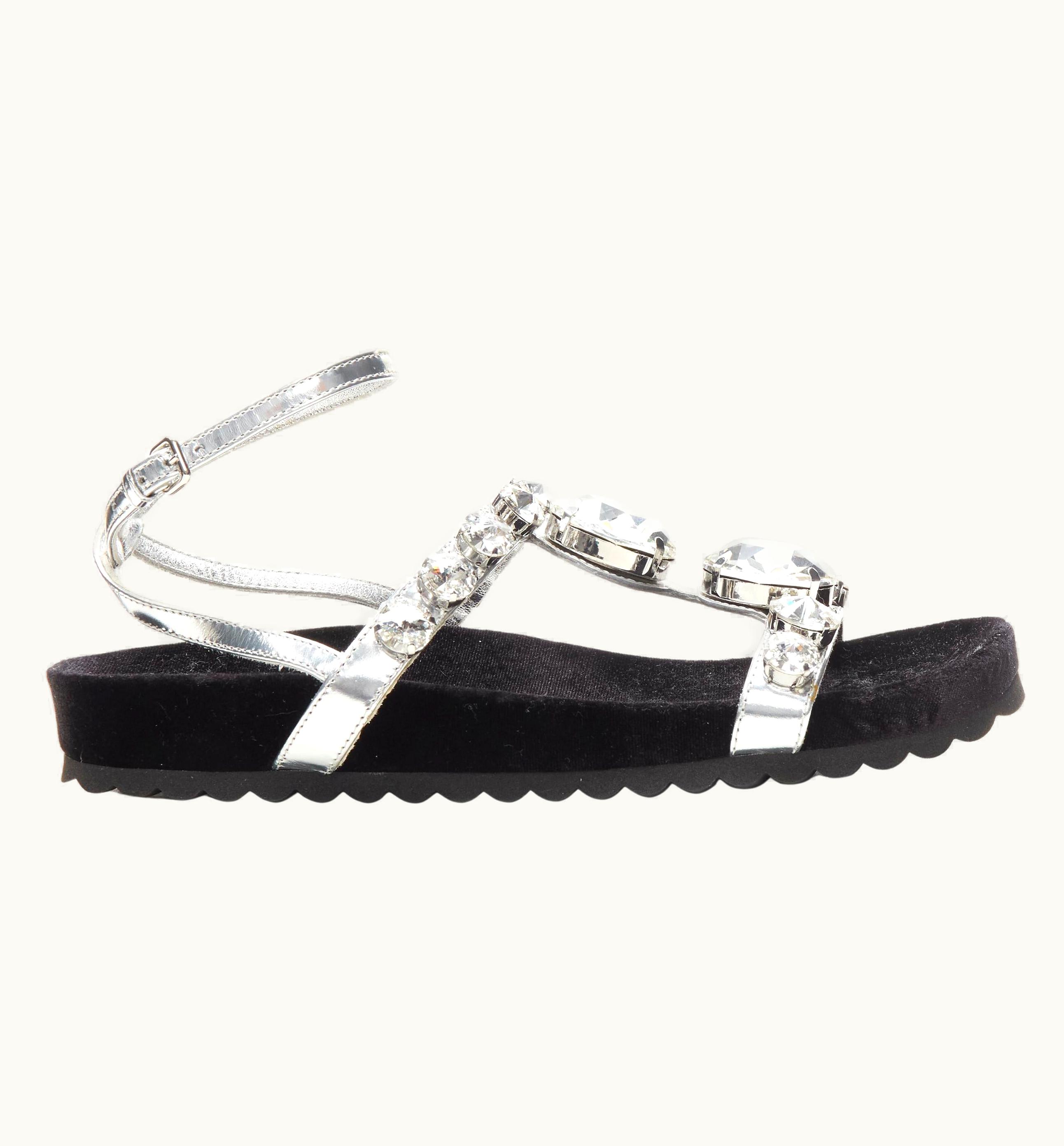 Miu Miu Miu Miu Large Rhinestone Crystal Metallic Silver Velvet Flat Sandals UZ0615881