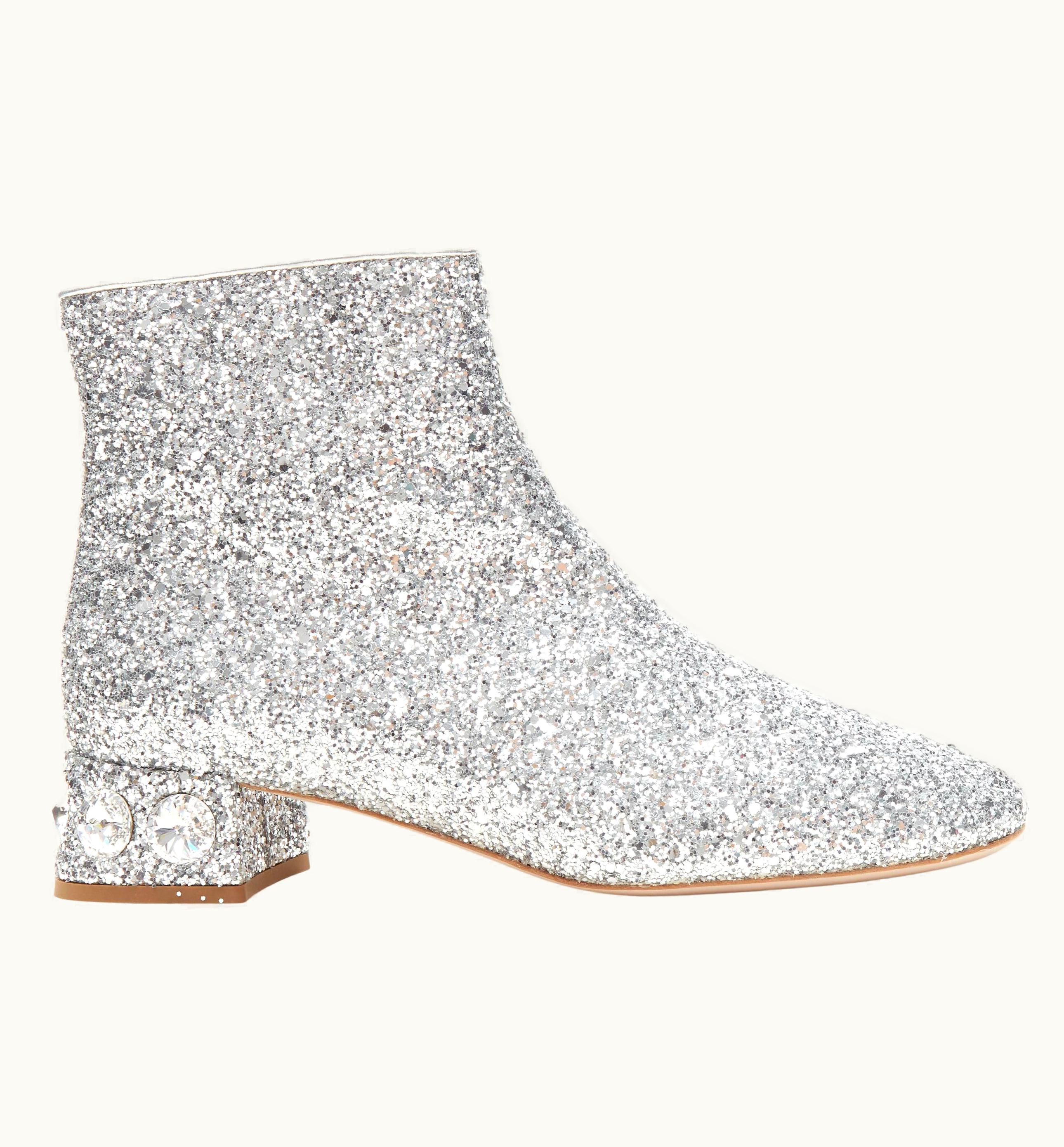 Miu Miu Miu Miu Silver Glitter Crystal Block Heel Ankle Boots