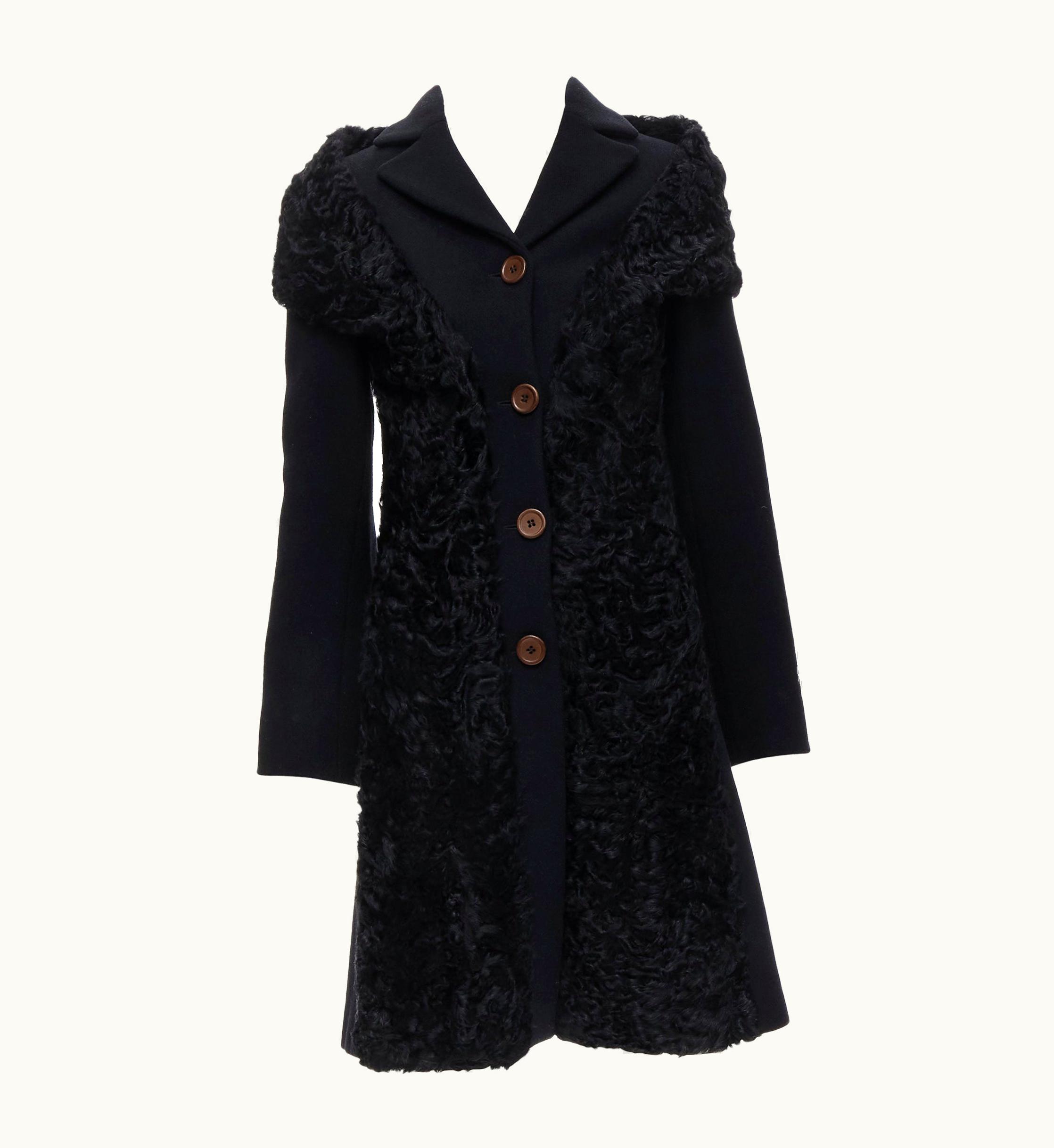 Miu Miu Miu Miu Black Shearling Attached Fur Shawl Long Wool Coat