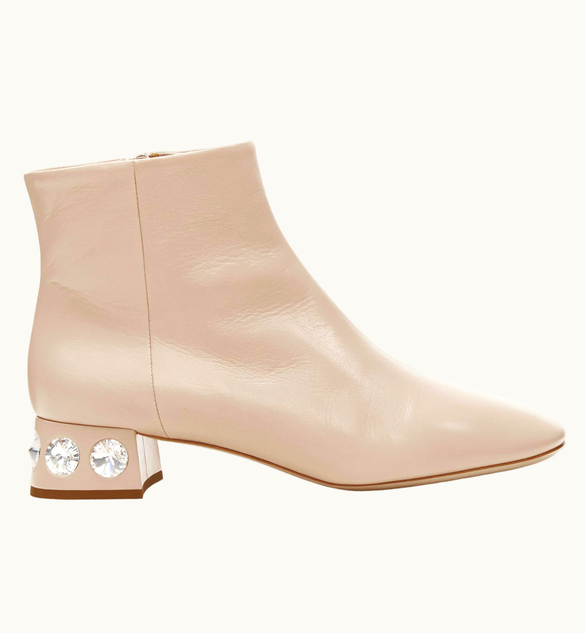 Miu Miu Miu Miu Nude Leather Large Rhinestone Crystal Heel Ankle Boots