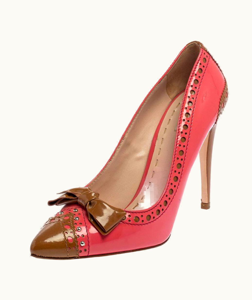Miu Miu Miu Miu Pink/Brown Patent Leather Bow Pointed Toe Pumps