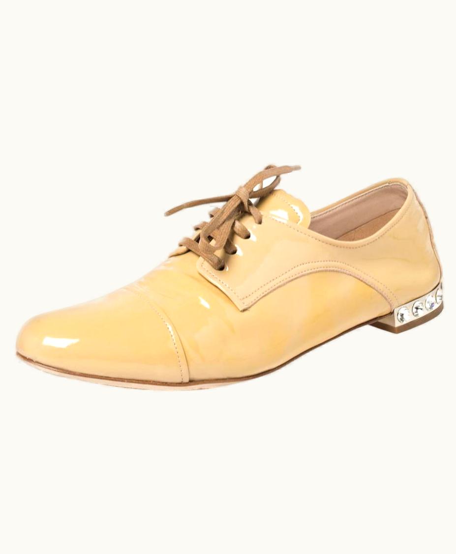 Miu Miu Miu Miu Beige Patent Leather Crystal Embellished Heel Lace Derby