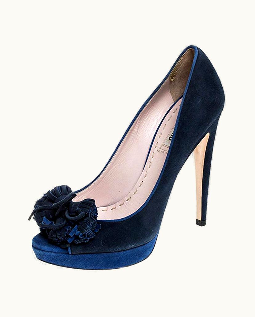 Miu Miu Miu Miu Blue Suede Tassel Detail Peep Toe Platform Pumps