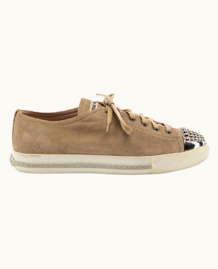 Miu Miu Miu Miu Women' Brown Suede Silver Studded Toe Cap Trainers