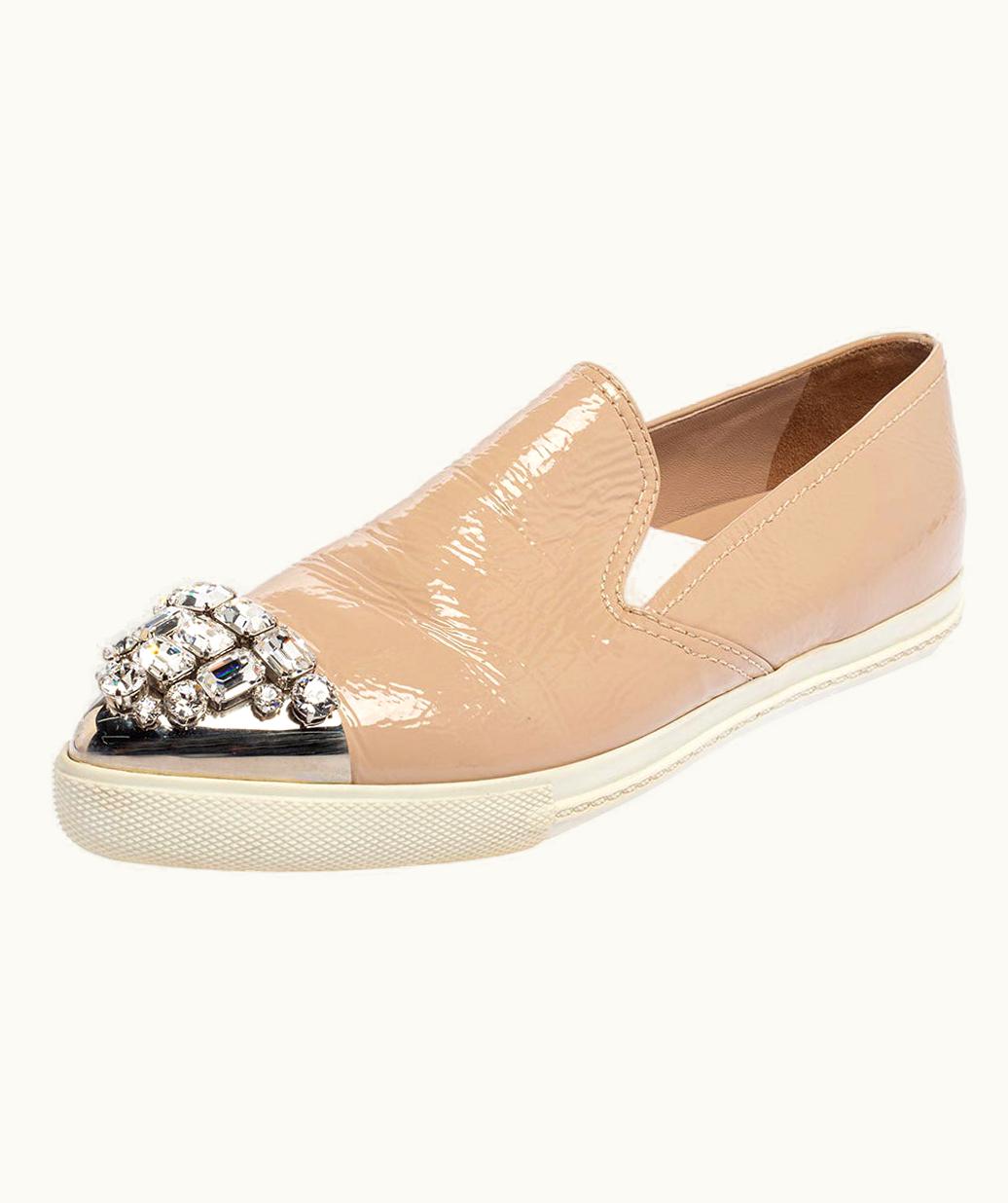 Miu Miu Miu Miu Beige Patent Embellished Cap Toe Slip On Sneakers