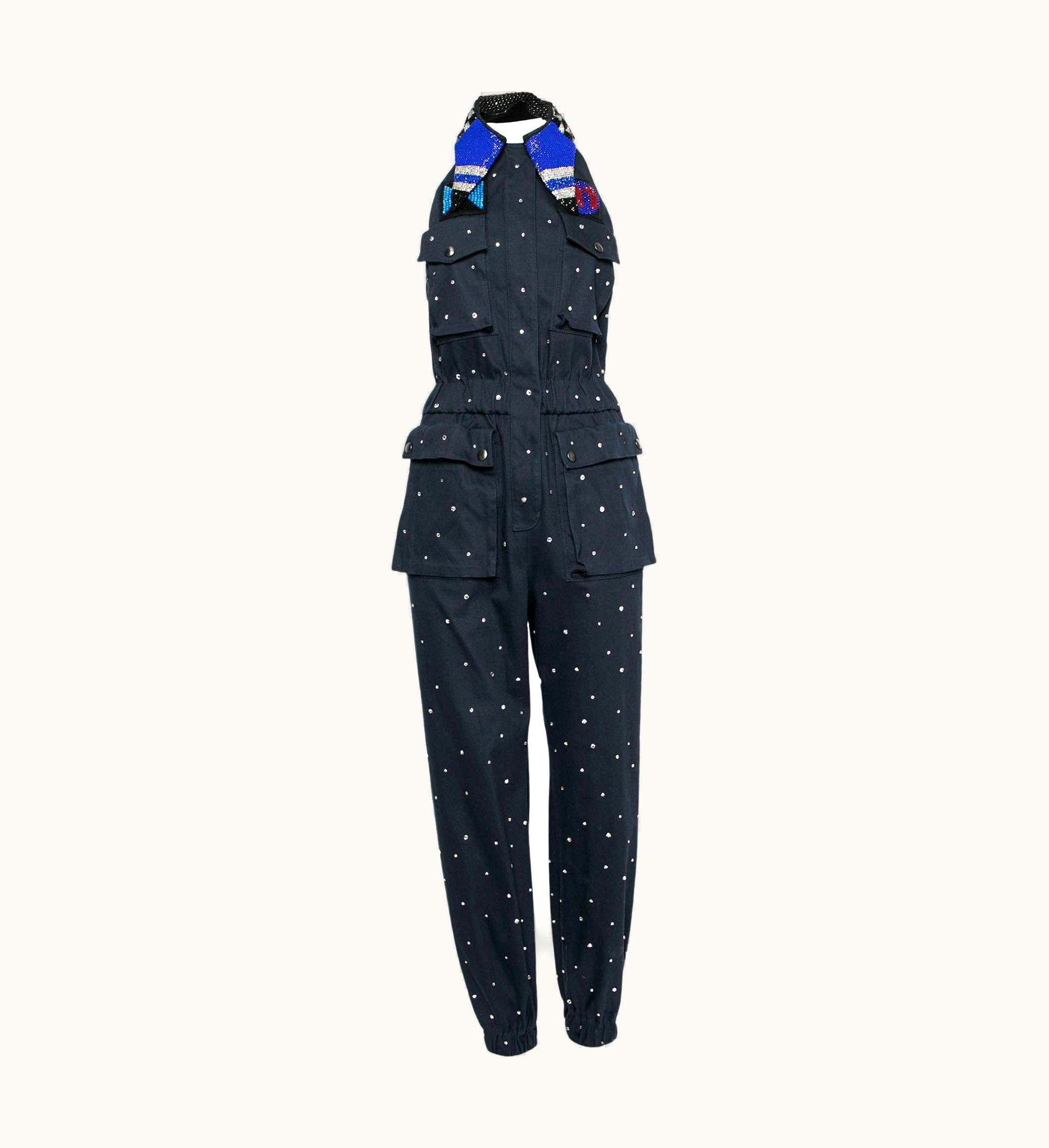 Miu Miu Miu Miu Navy Blue Embellished Cotton Bead Embroidered Halter Neck Jumpsuit