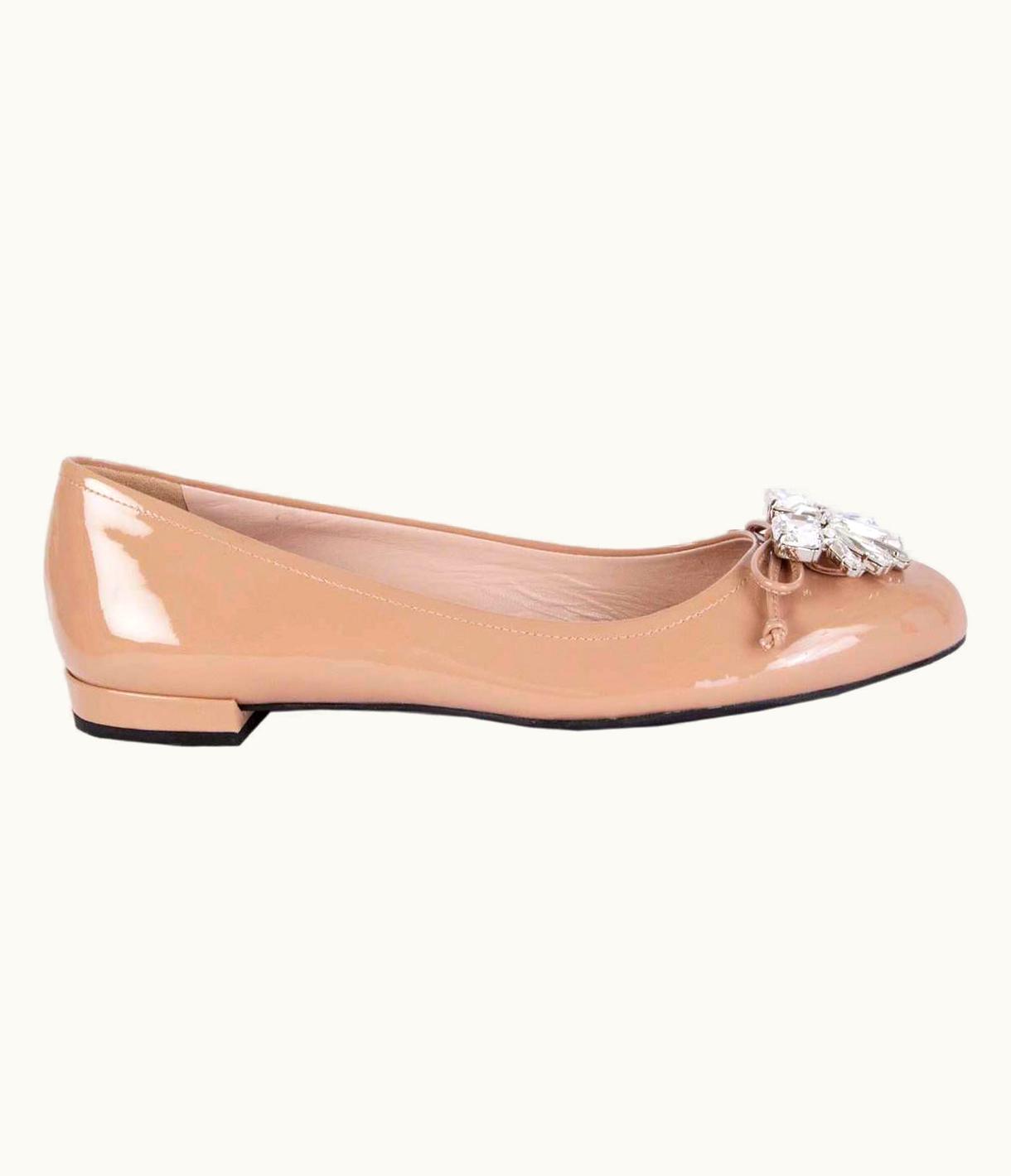 Miu Miu Miu Miu Nude Pink Patent Leather Crystal Embellished Ballet Flats Shoes