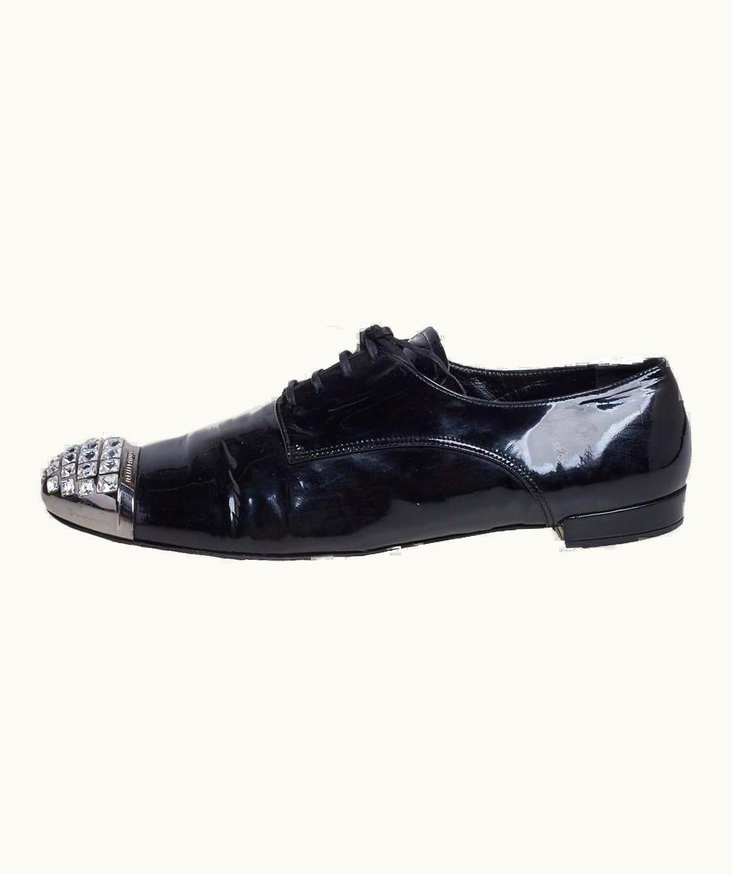 Miu Miu Miu Miu Black Patent Leather Crystal Embellished Cap Toe Oxfords