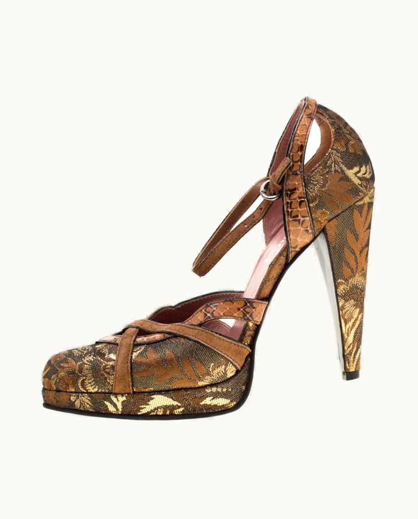 Miu Miu Miu Miu Metalllic Brown Brocade Leather Ankle Strap Platform Sandals
