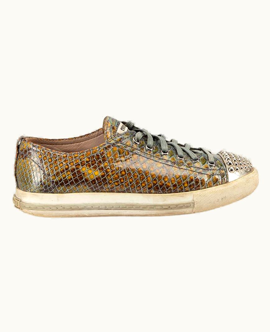 Miu Miu Miu Miu Women' Green Leather Lizard-Effect Embellished Cap-Toe Low Trainers