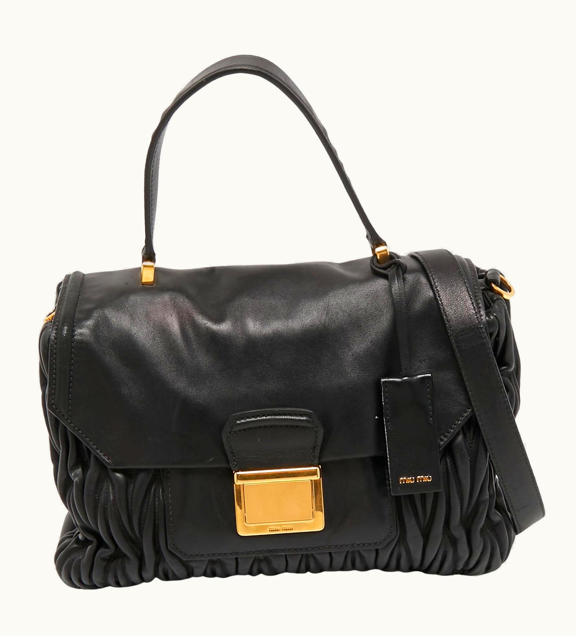 Miu Miu Miu Miu Black Matelassé Leather Push Lock Flap Top Handle Bag