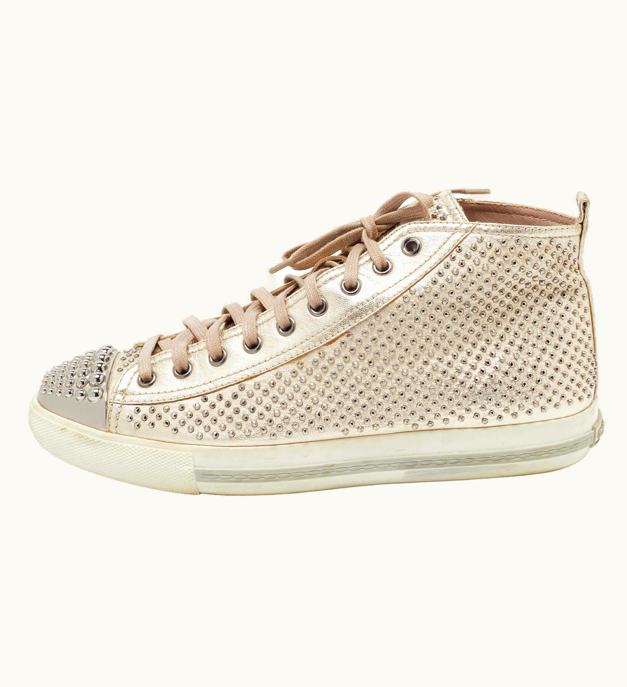 Miu Miu Miu Miu Gold Foil Leather Studded High Top Sneakers
