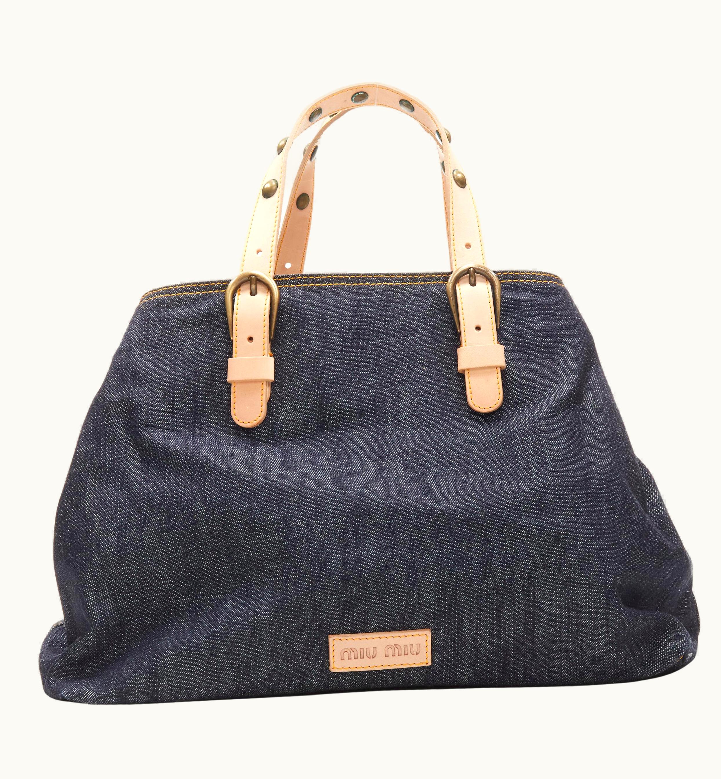 Miu Miu Miu Miu Vintage Dark Blue Indigo Denim Tan Studded Handle Boston Tote Bag