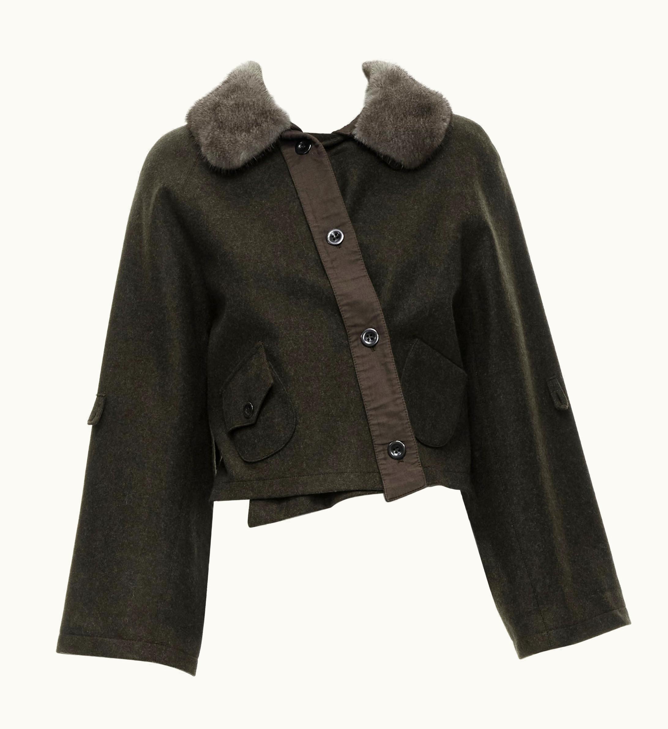 Miu Miu Miu Miu Green Wool Fur Collar Asymmetric Wide Sleeve Cropped Jacket