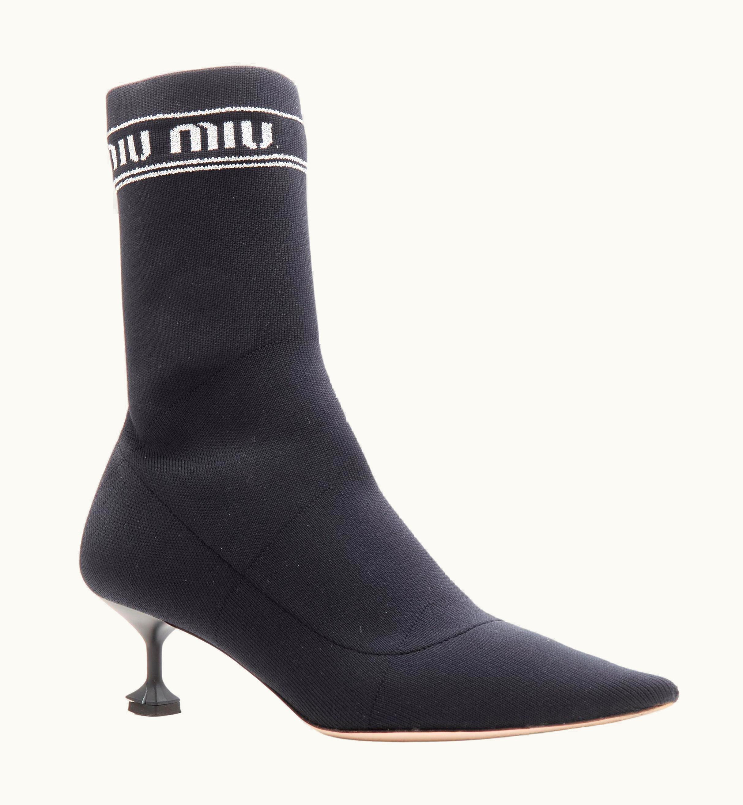 Miu Miu Miu Miu Black Silver Logo Sock Knit Point Toe Kitten Heel Bootie