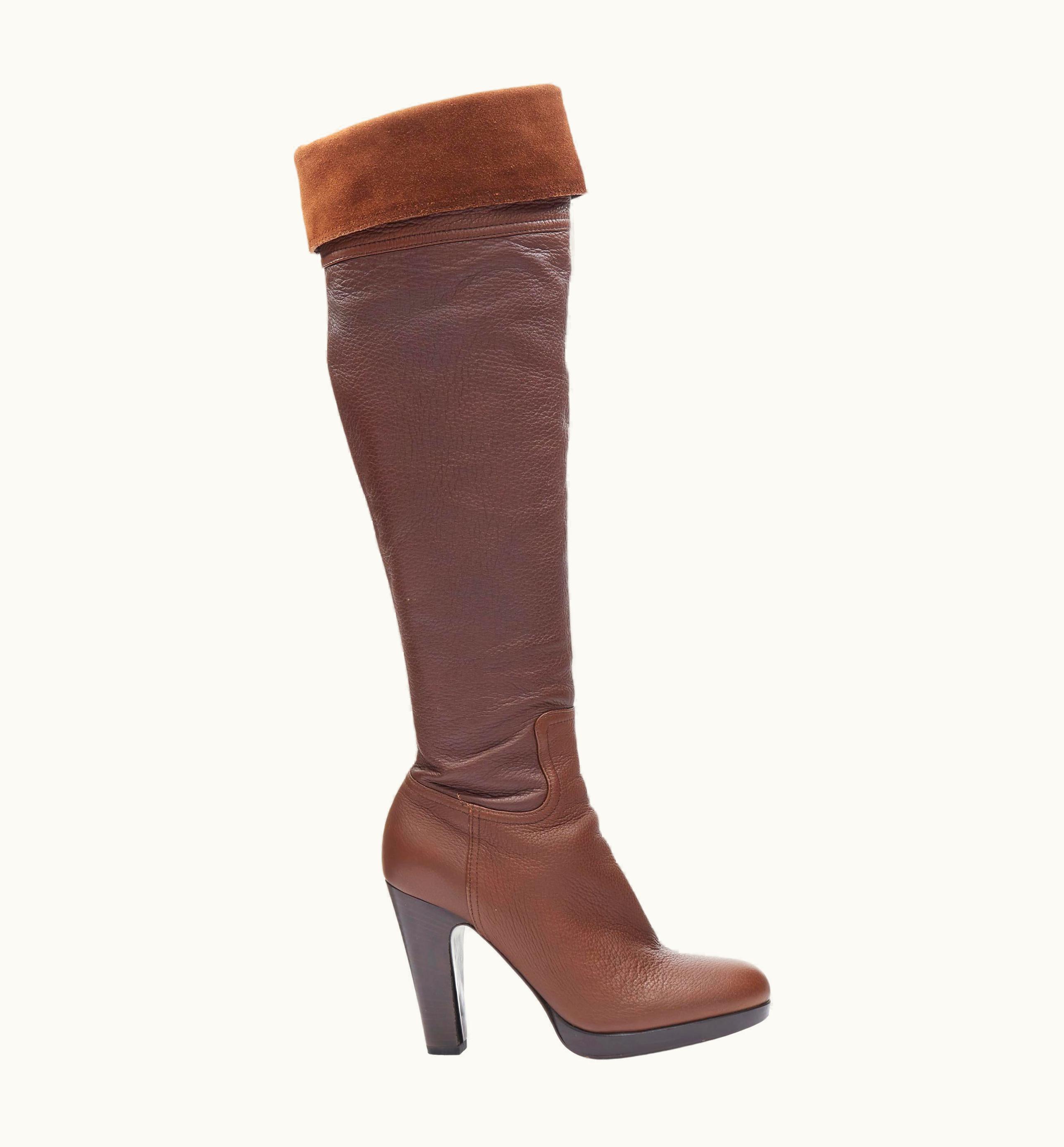Miu Miu Miu Miu Dark Brown Leather Suede Foldover Wooden Heel Platofrm Tall Boot