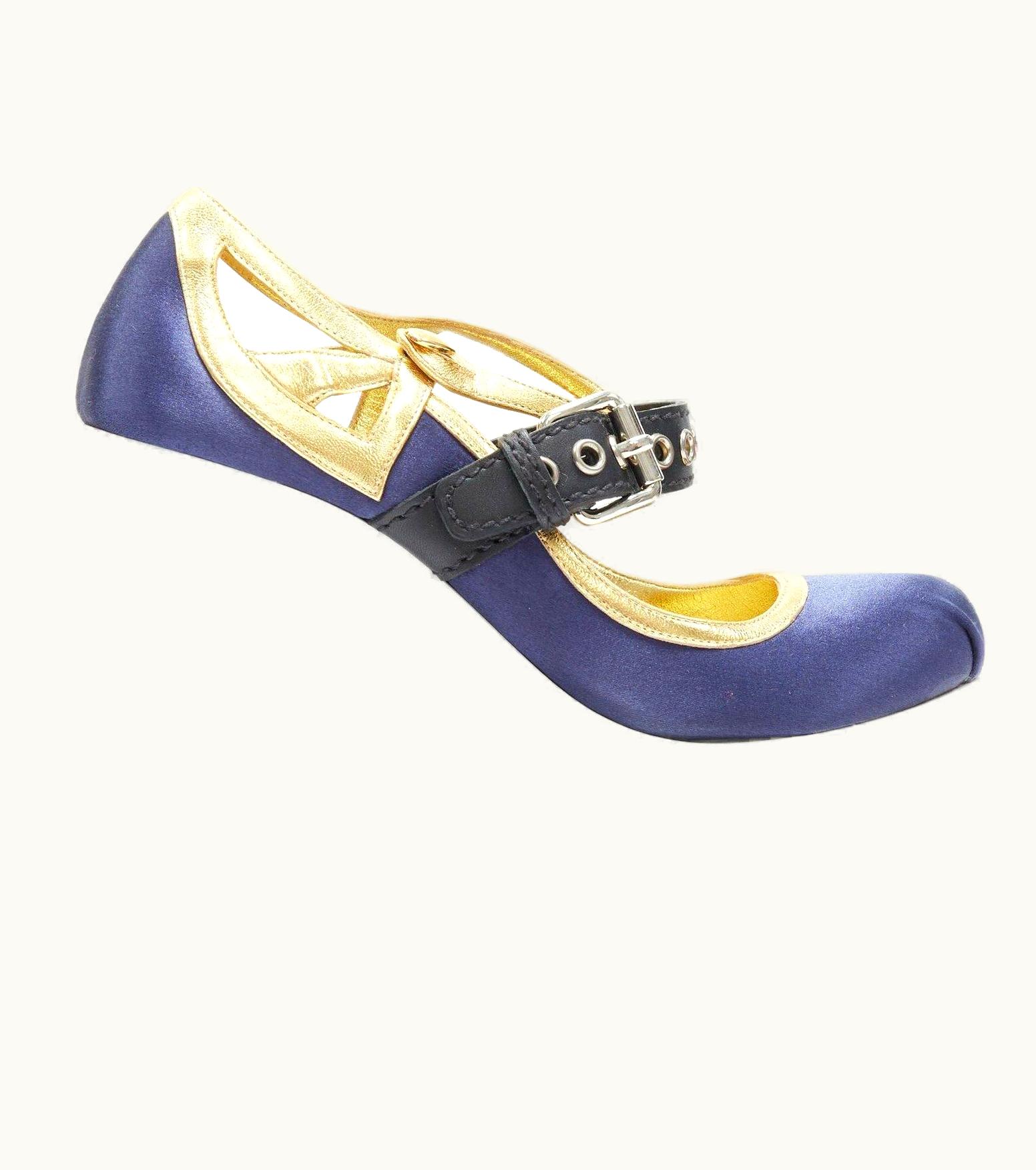 Miu Miu Miu Miu Blue Satin Gold Trimming Punk Strap White Sculpted Platform Wedge