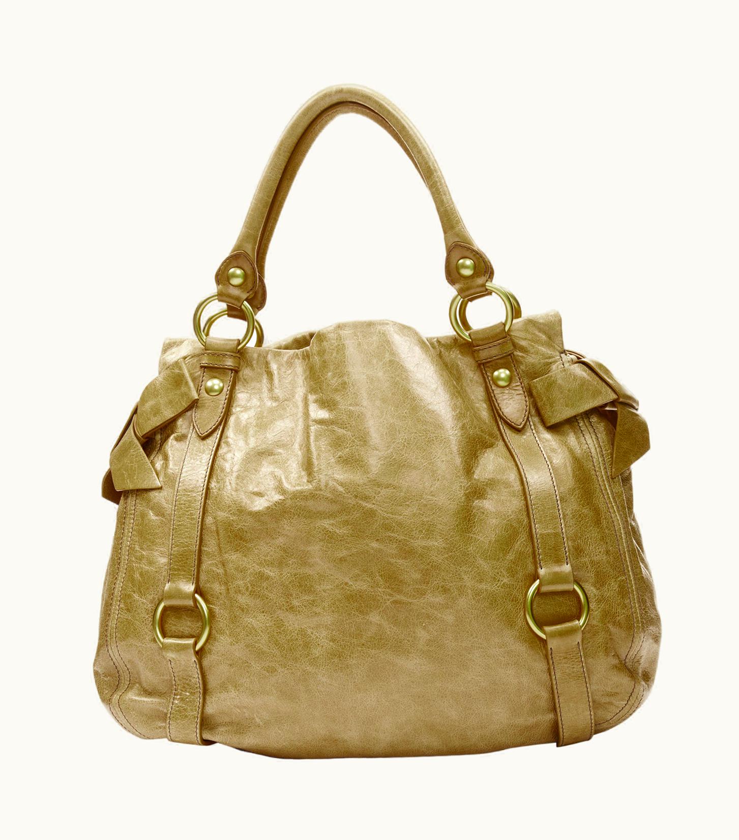 Miu Miu Miu Miu Brown Crinkled Leather Gold-tone Strap Bow Detail Hobo Tote Bag