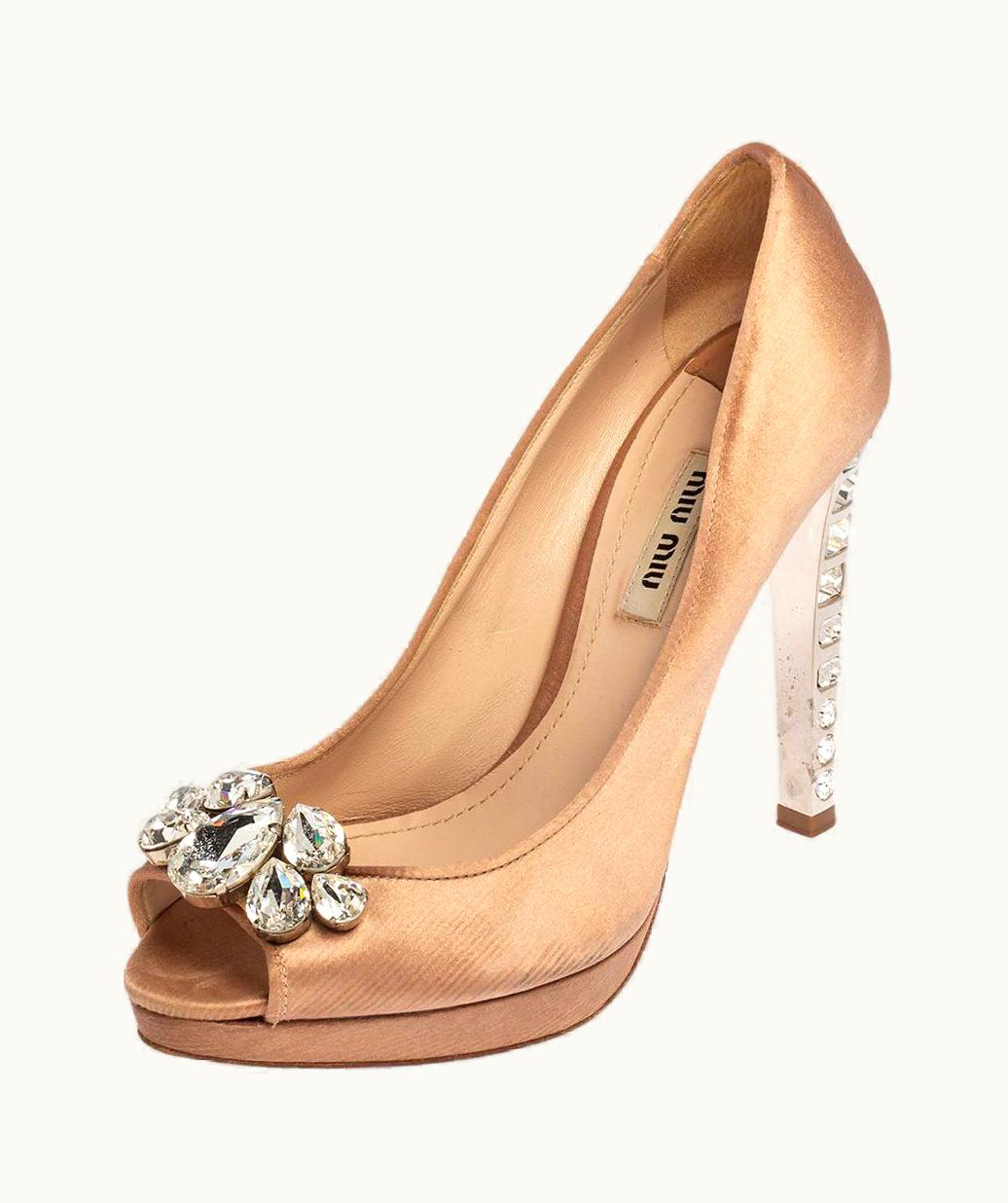 Miu Miu Miu Miu Pink Satin Crystal Embellished Heel Peep Toe Platform Pumps