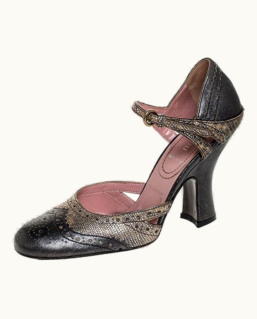 Miu Miu Miu Miu Metallic Grey/Silver Brogue Leather D'Orsay Strap Pumps