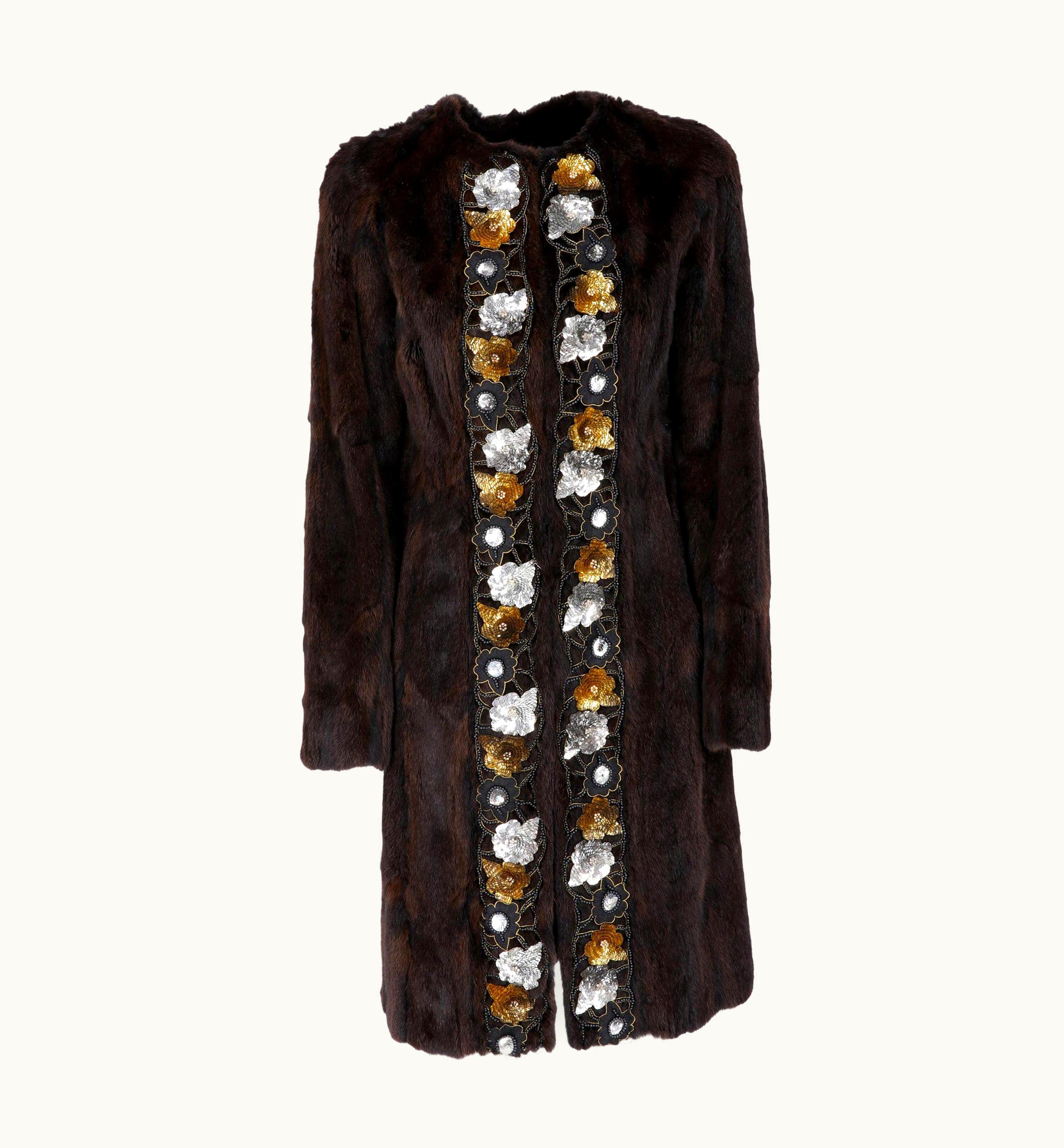 Miu Miu 2000s Miu Brown Hamster Fur Coat With Beads And Sequins Floral Applications