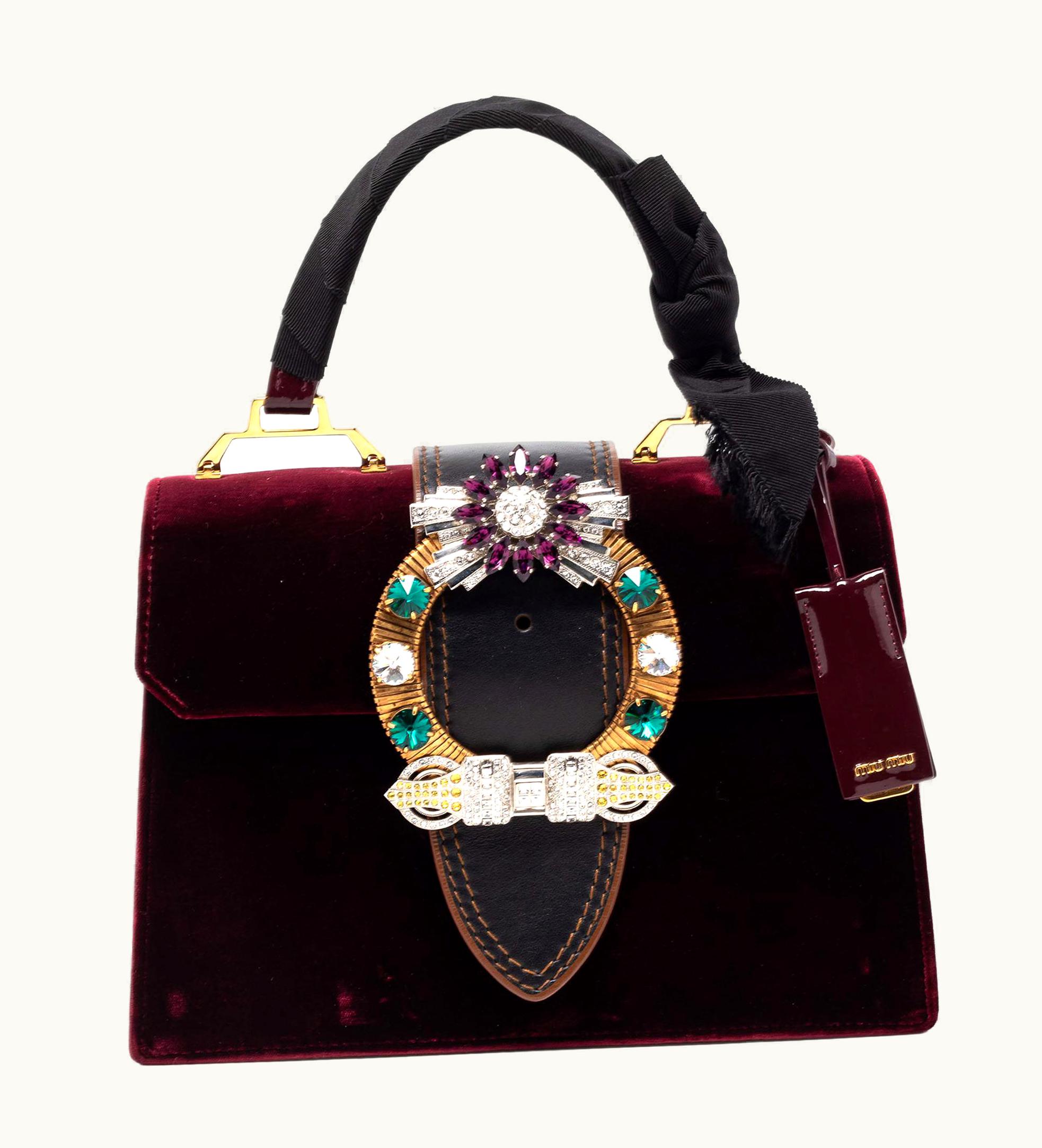 Miu Miu Miu Miu Velvet And Patent Leather Crystal Embellished Flap Top Handle Bag