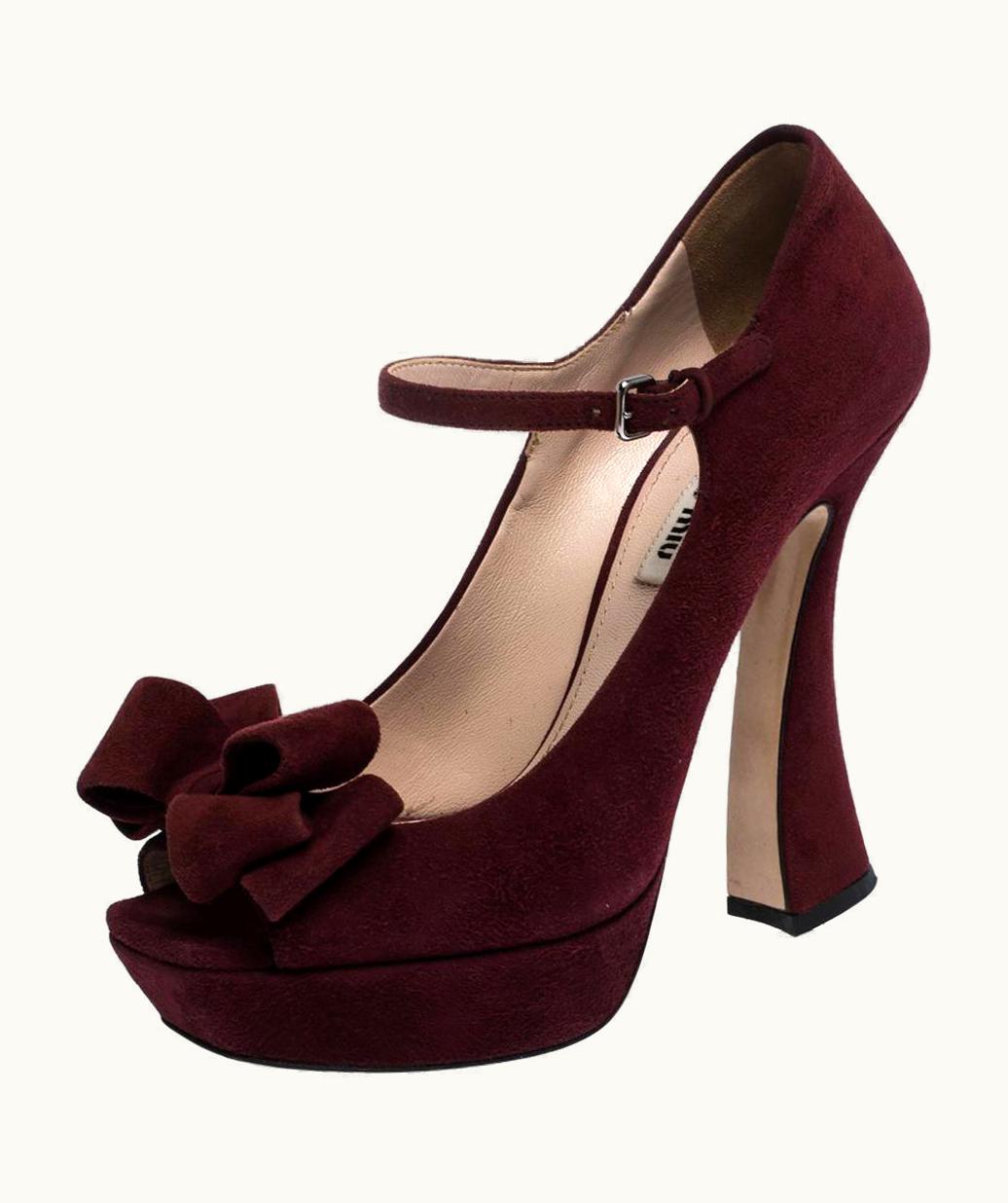 Miu Miu Miu Miu Burgundy Suede Leather Mary Jane Bow Peep Toe Platform Pumps