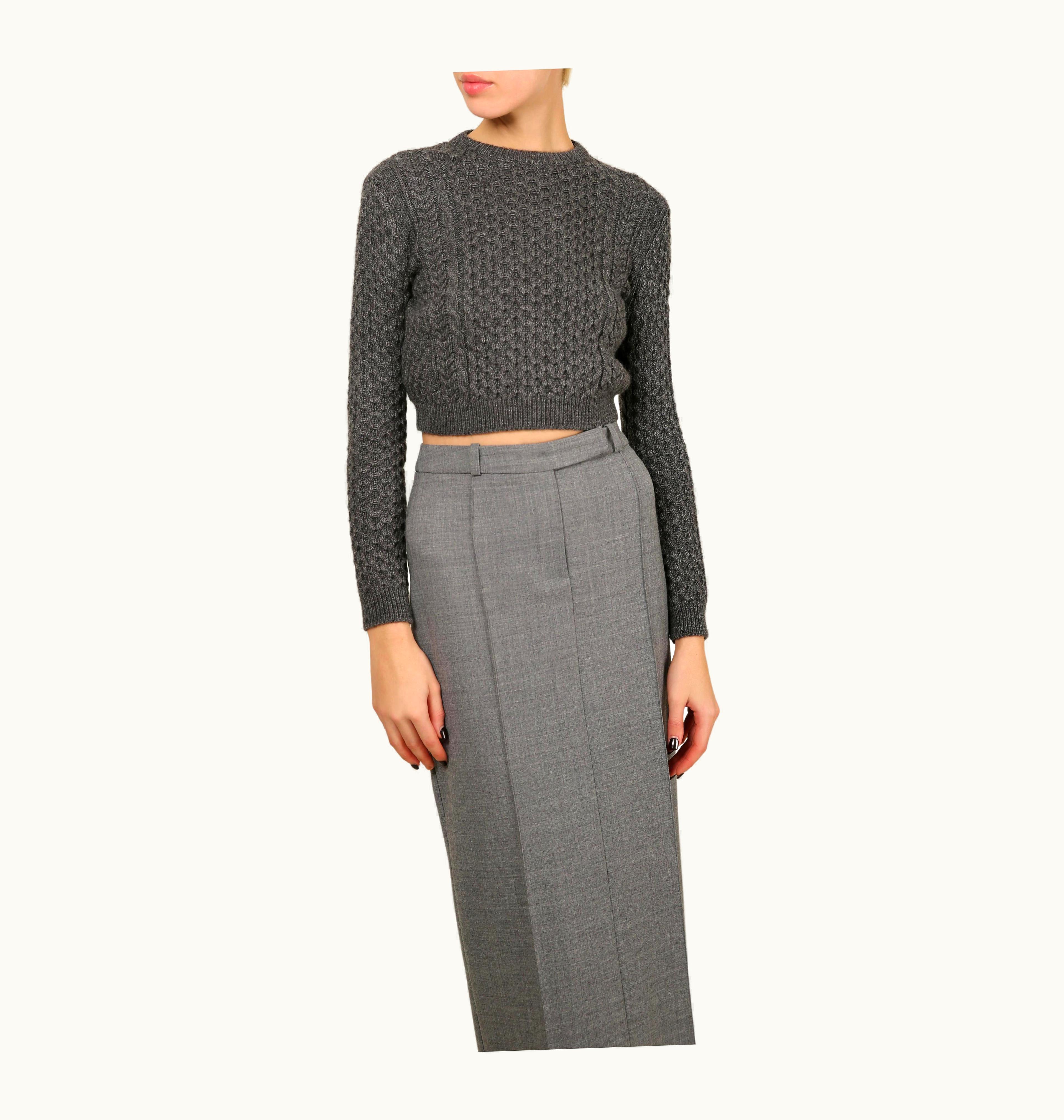 Miu Miu Miu Miu Grey Cropped Crop Cable Knit Knitted Crew Neck Wool Jumper Dress Sweater