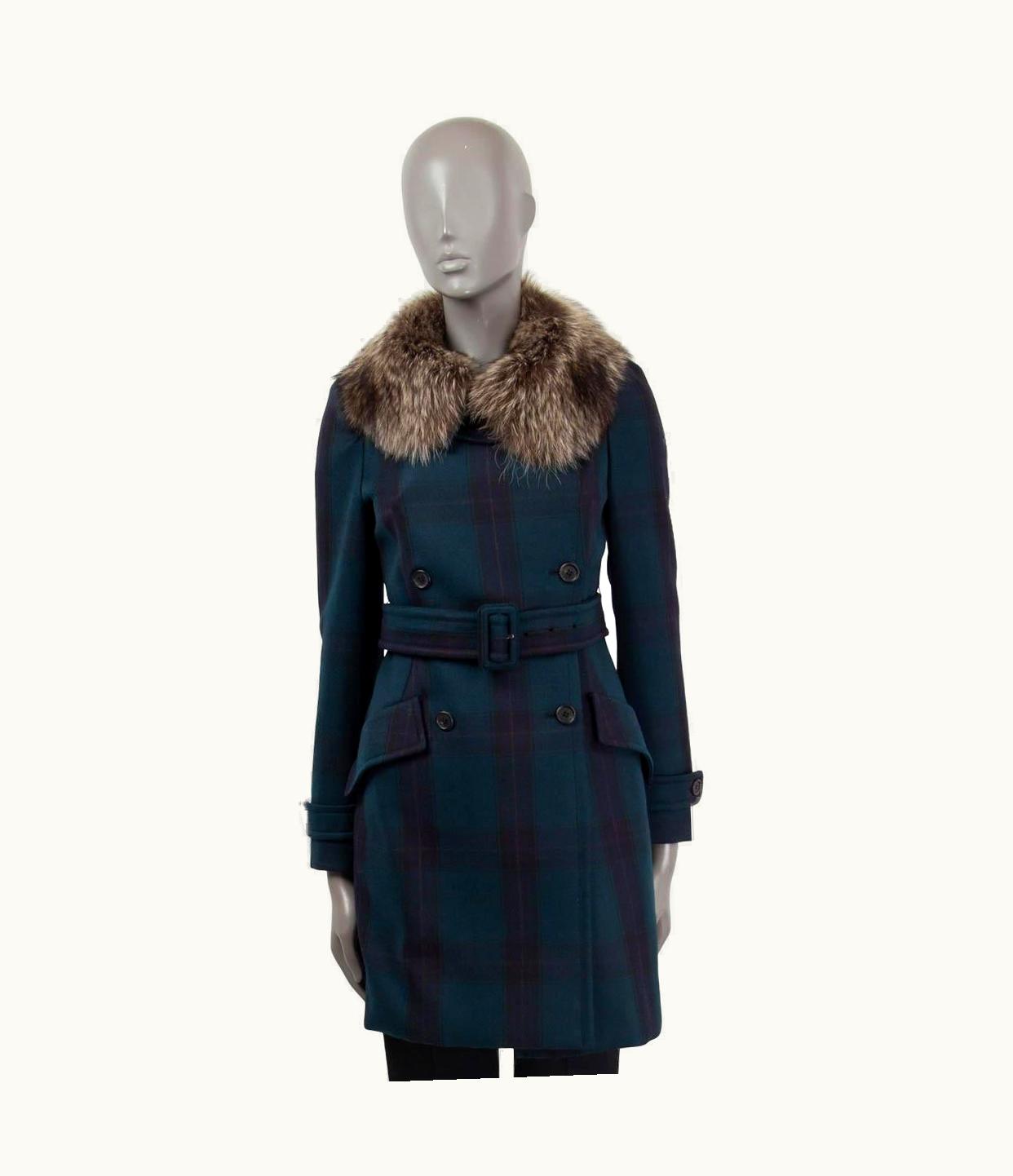 Miu Miu Miu Miu Petrol Blue Wool Tartan Check Fur Trim Belted Coat Jacket