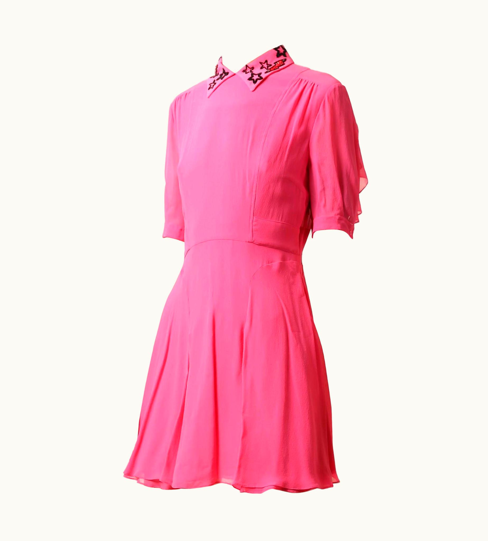 Miu Miu Miu Miu Bright Pink Star Print Beaded Fit And Flare Silk Mini Babydoll Dress