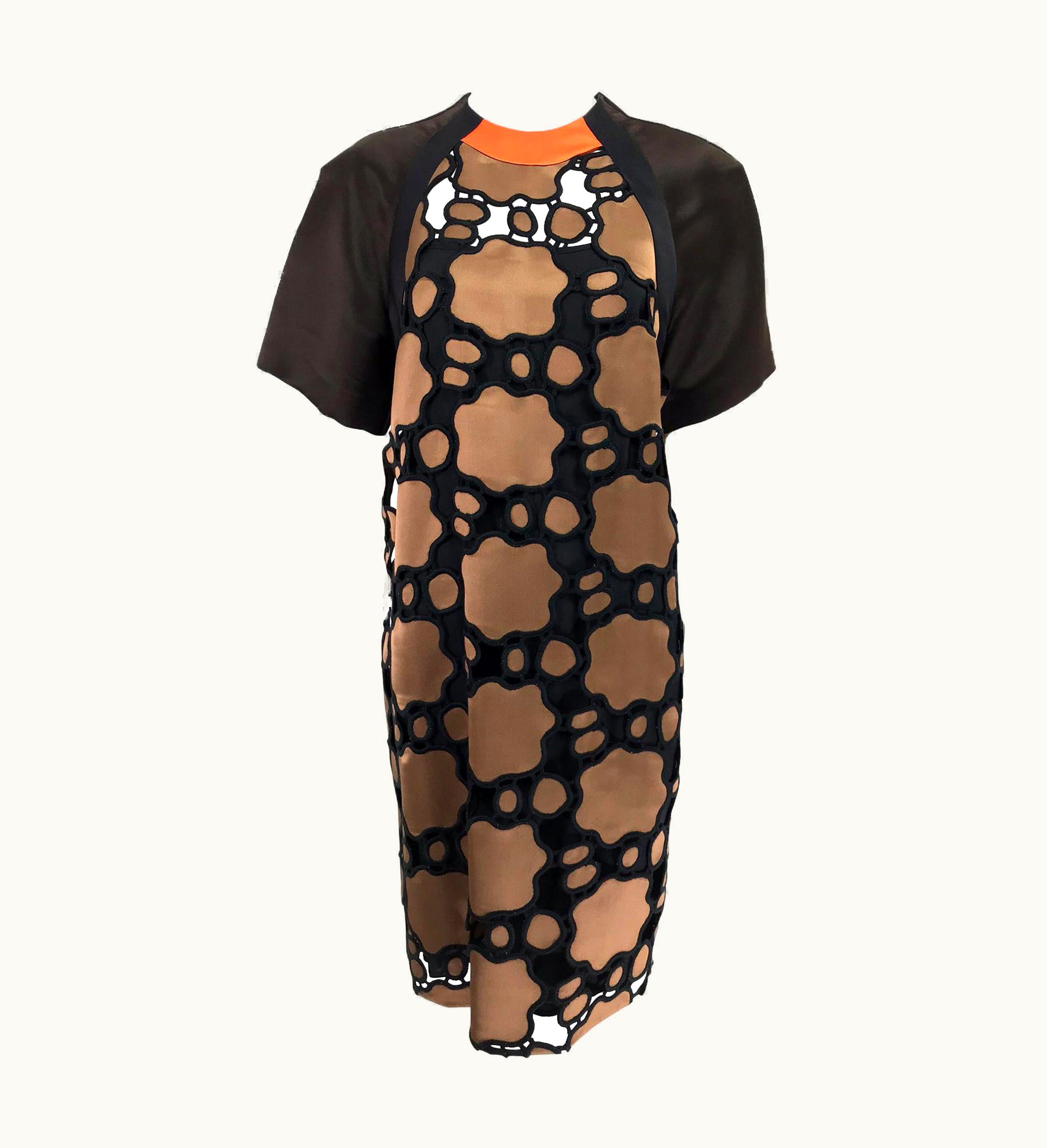 Miu Miu Miu Miu SIlk Cut Work Day Dress In Brown And Black With Orange