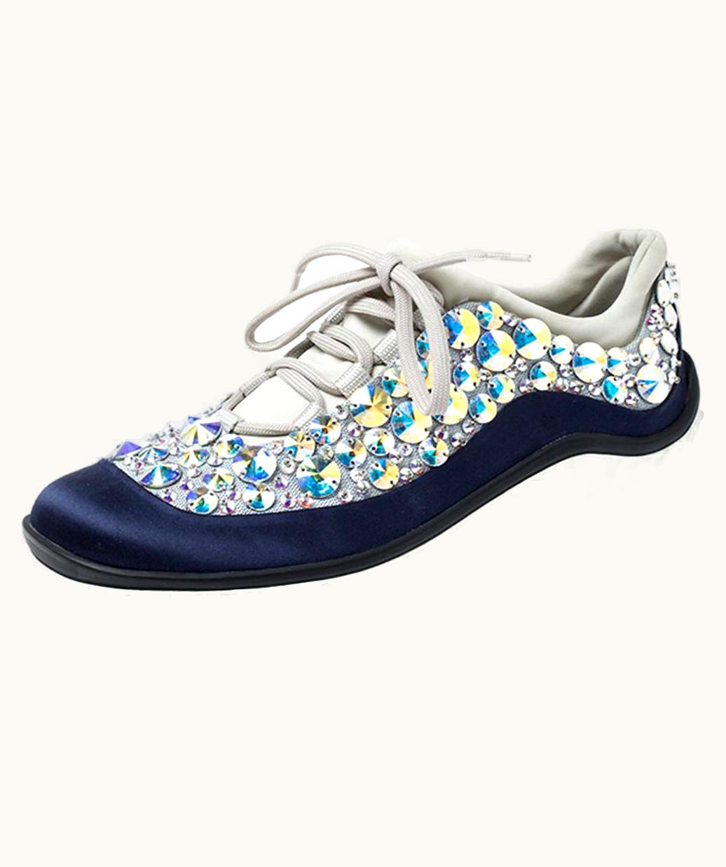 Miu Miu Miu Miu Blue/Grey Embellished Satin And Mesh Astro Sneakers