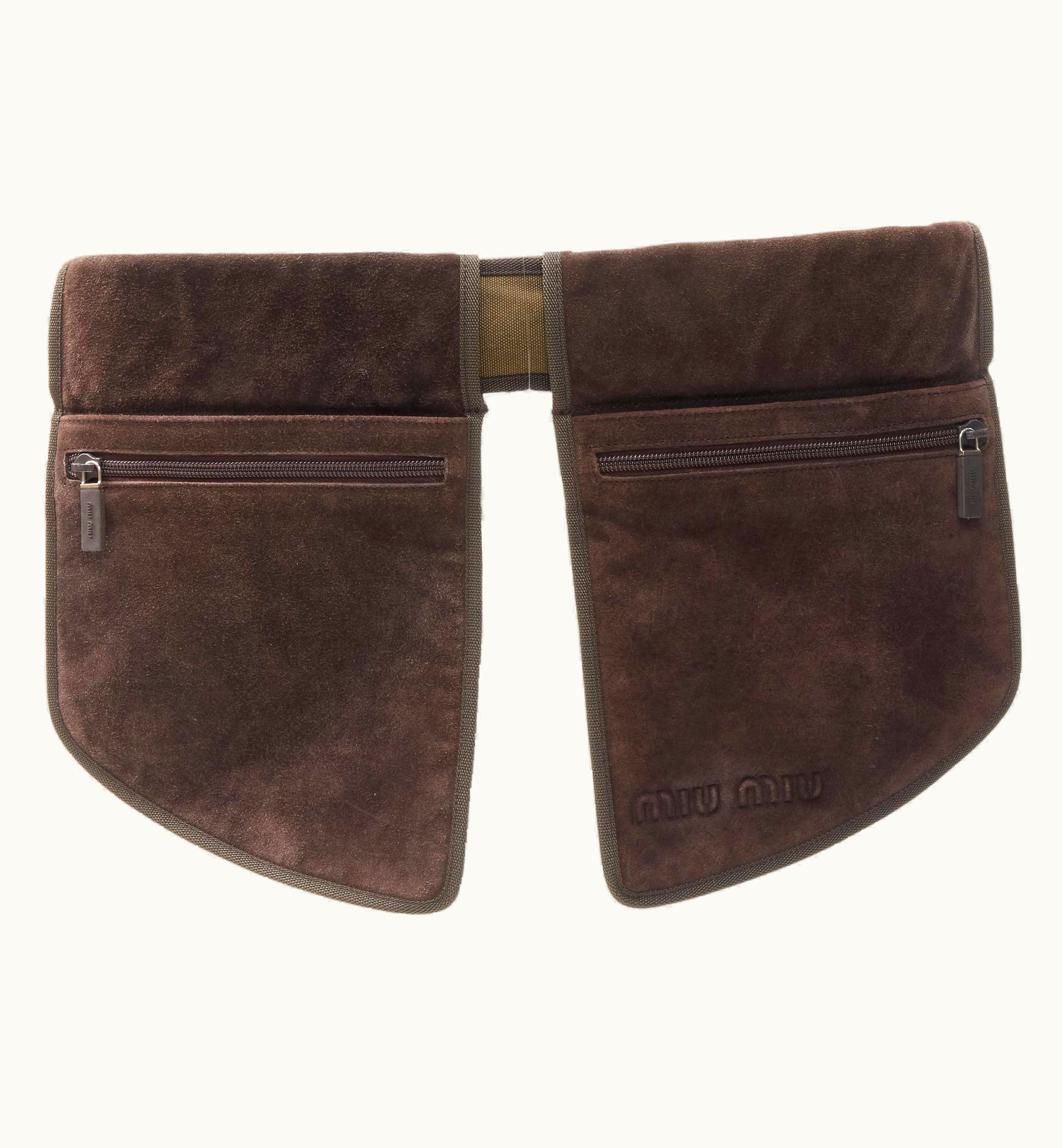 Miu Miu Miu Miu 1999 Runway Brown Suede Leather Logo Emboss Waist Belt Bag