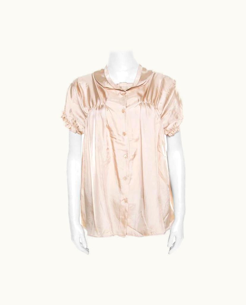 Miu Miu Miu Miu Beige Satin Ruched Bodice Detail Short Sleeve Blouse