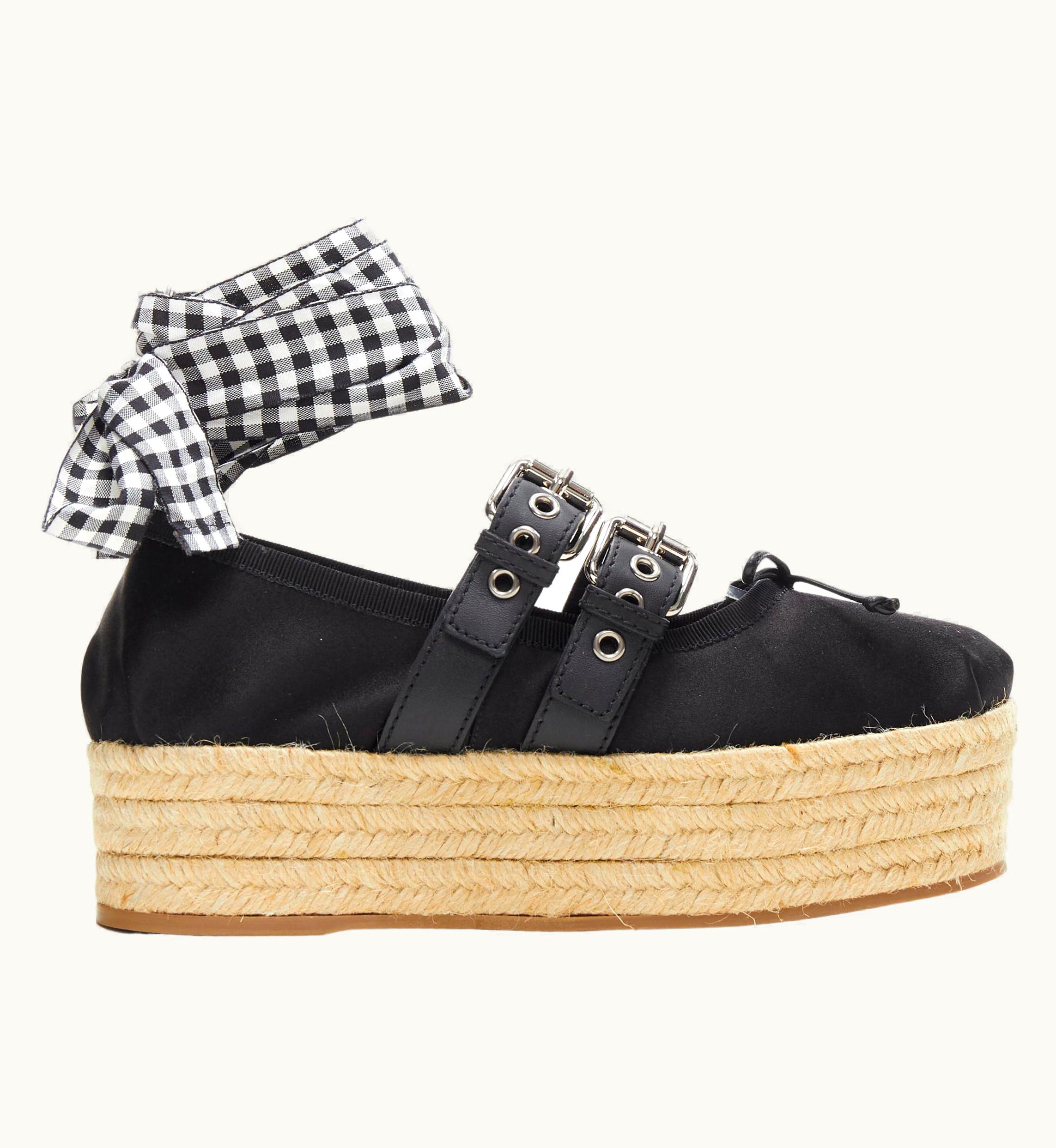 Miu Miu Miu Miu Black Satin Triple Espadrille Platform Punk Ballerina Flats