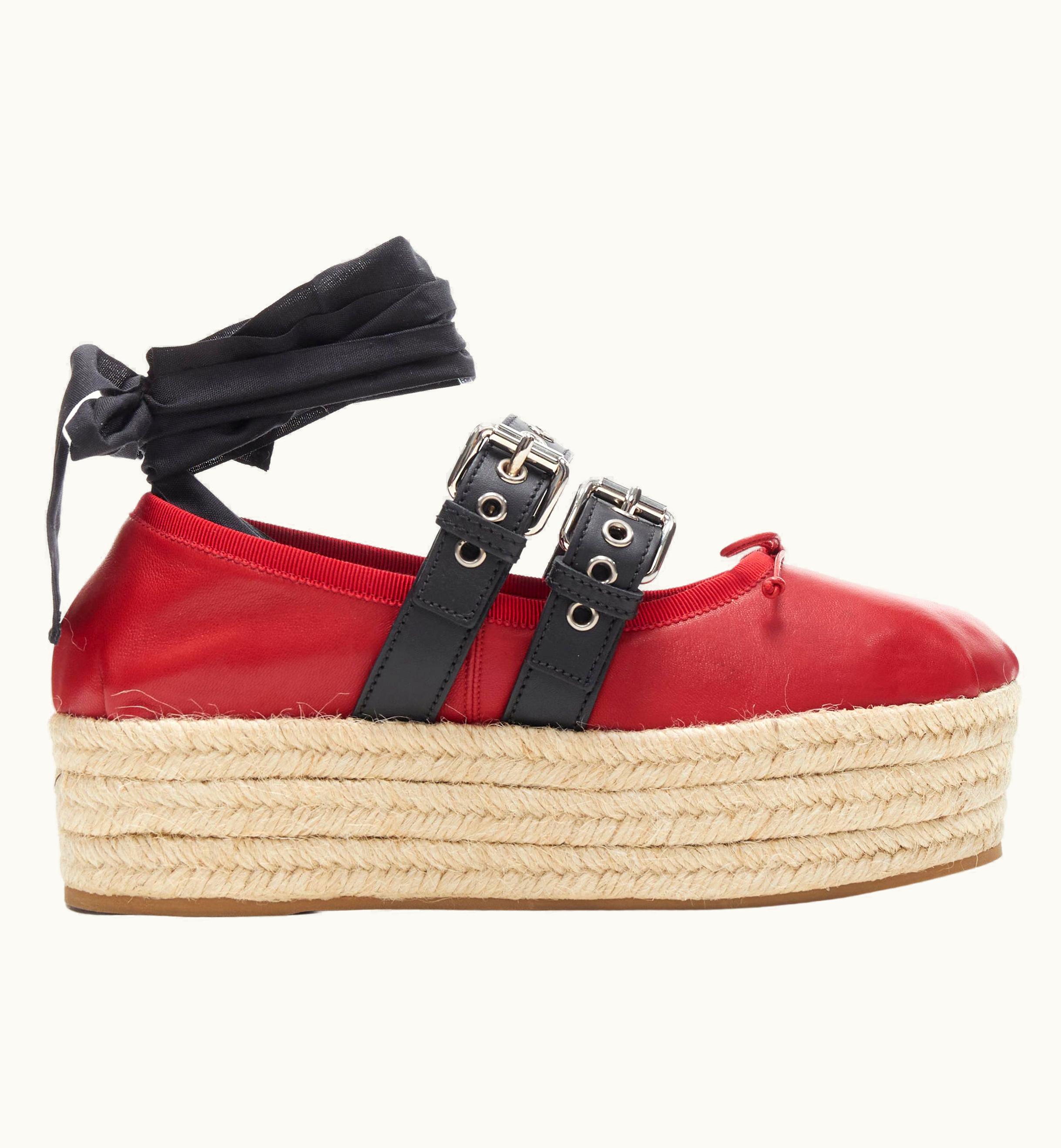 Miu Miu Miu Miu Blue Denim Trio Espadrille Platform Ribbon Ballerina Flats