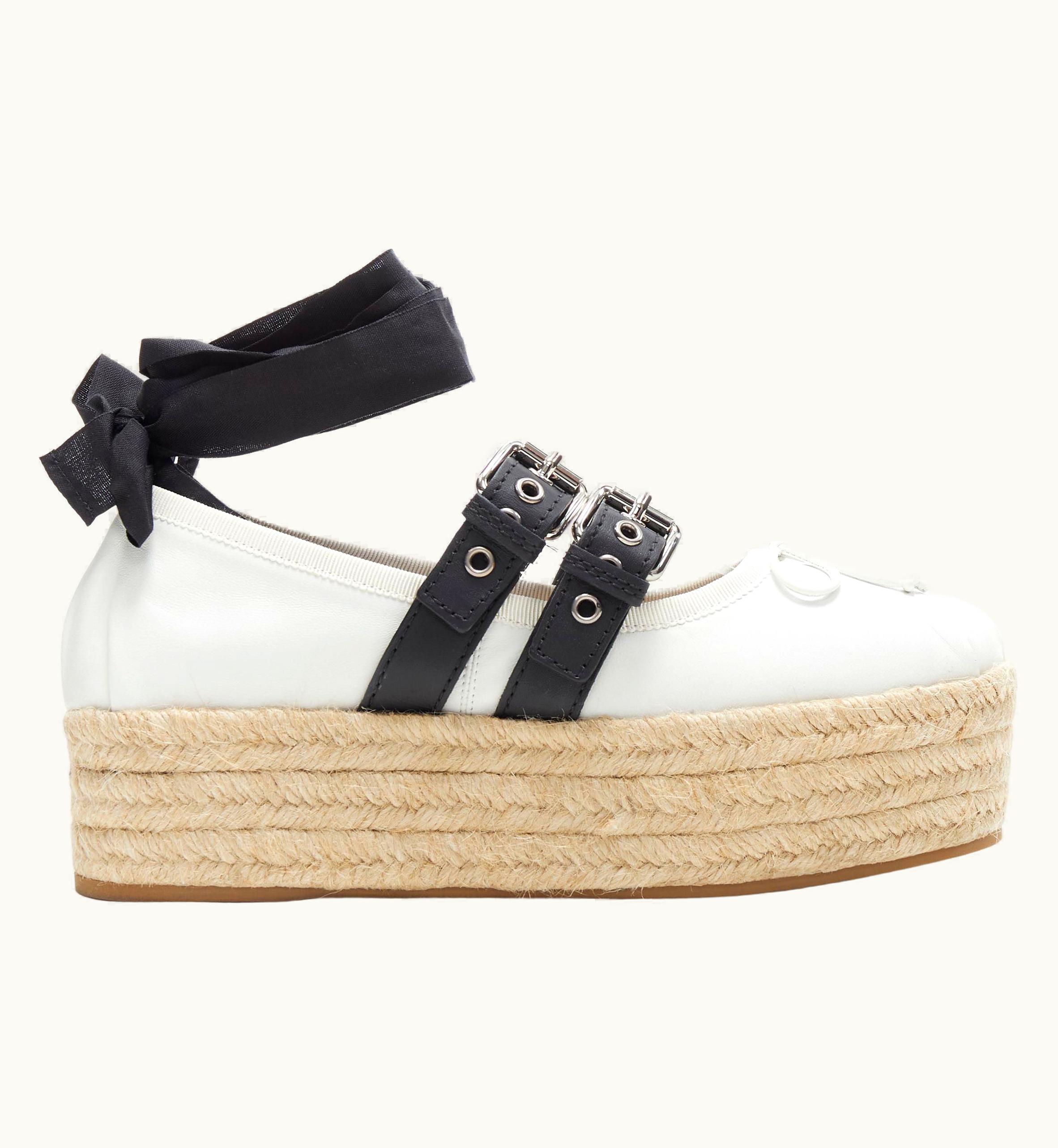 Miu Miu Miu Miu White Leather Espadrille Platform Punk Lace Ballerina Flats