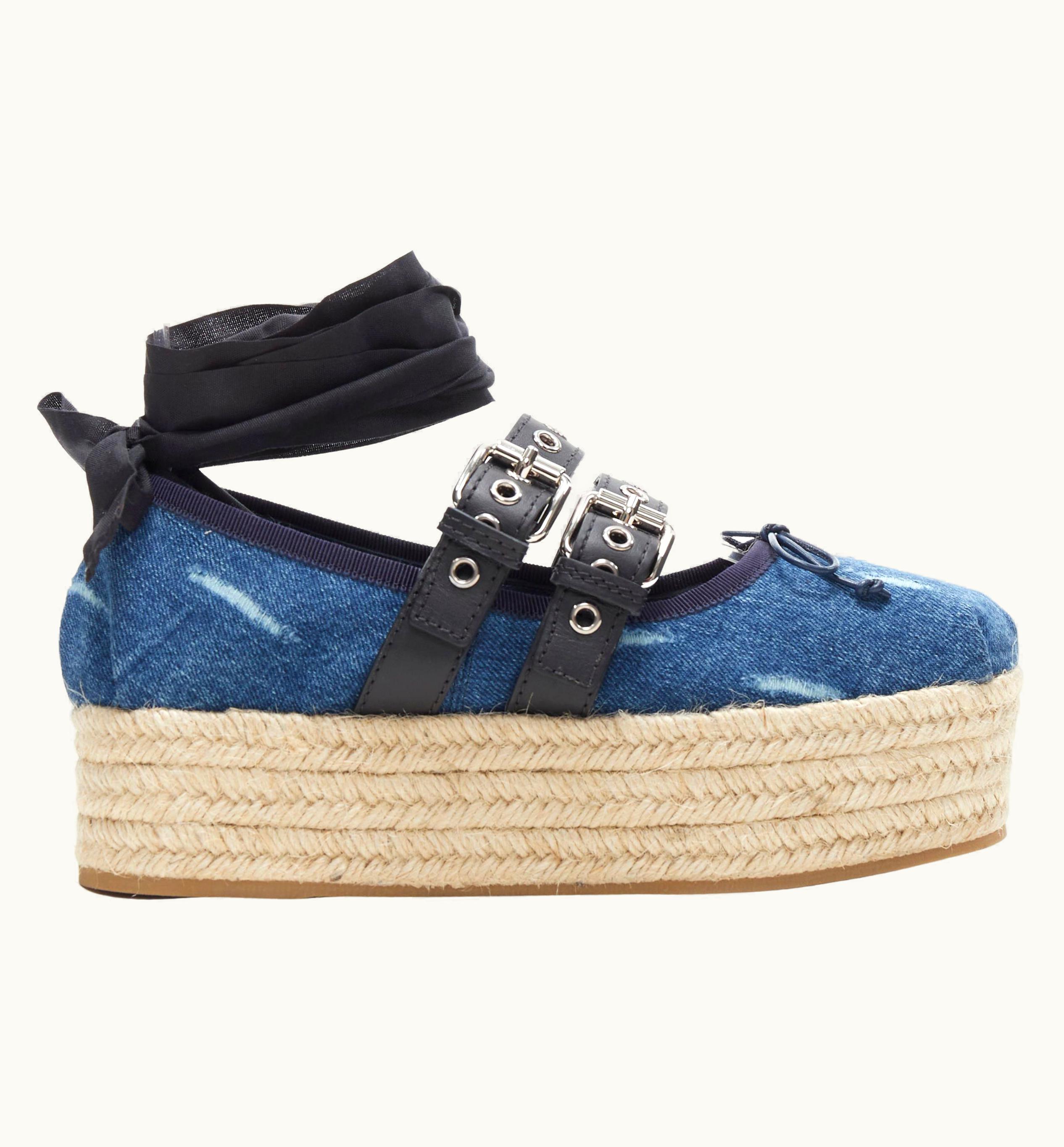 Miu Miu Miu Miu Punk Ribbon Blue Satin Denim Espadrille Platform Ballerina Flats