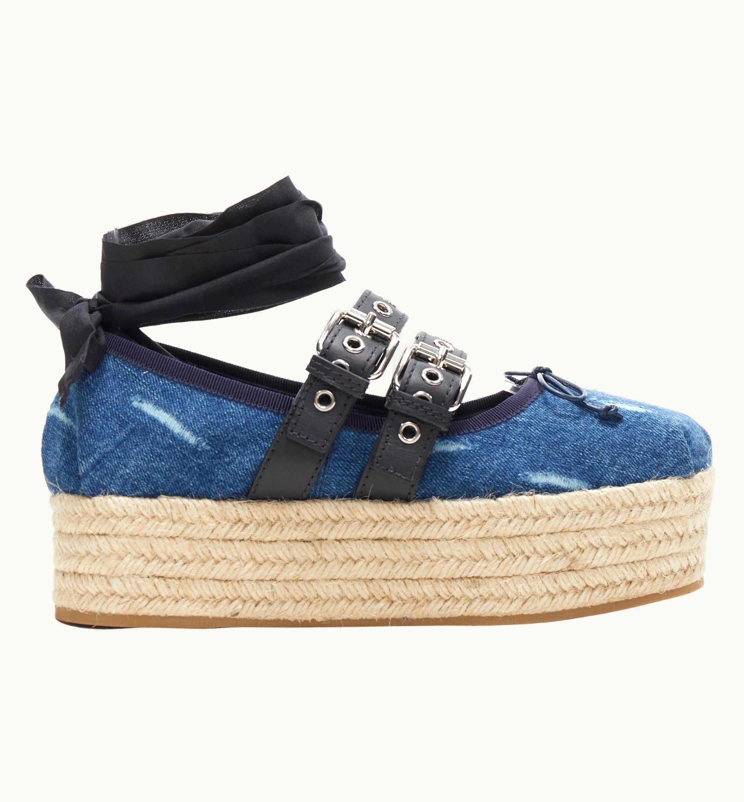 Miu Miu Miu Miu Blue Denim Espadrille Platform Punk Ribbon Lace Ballerina Flats