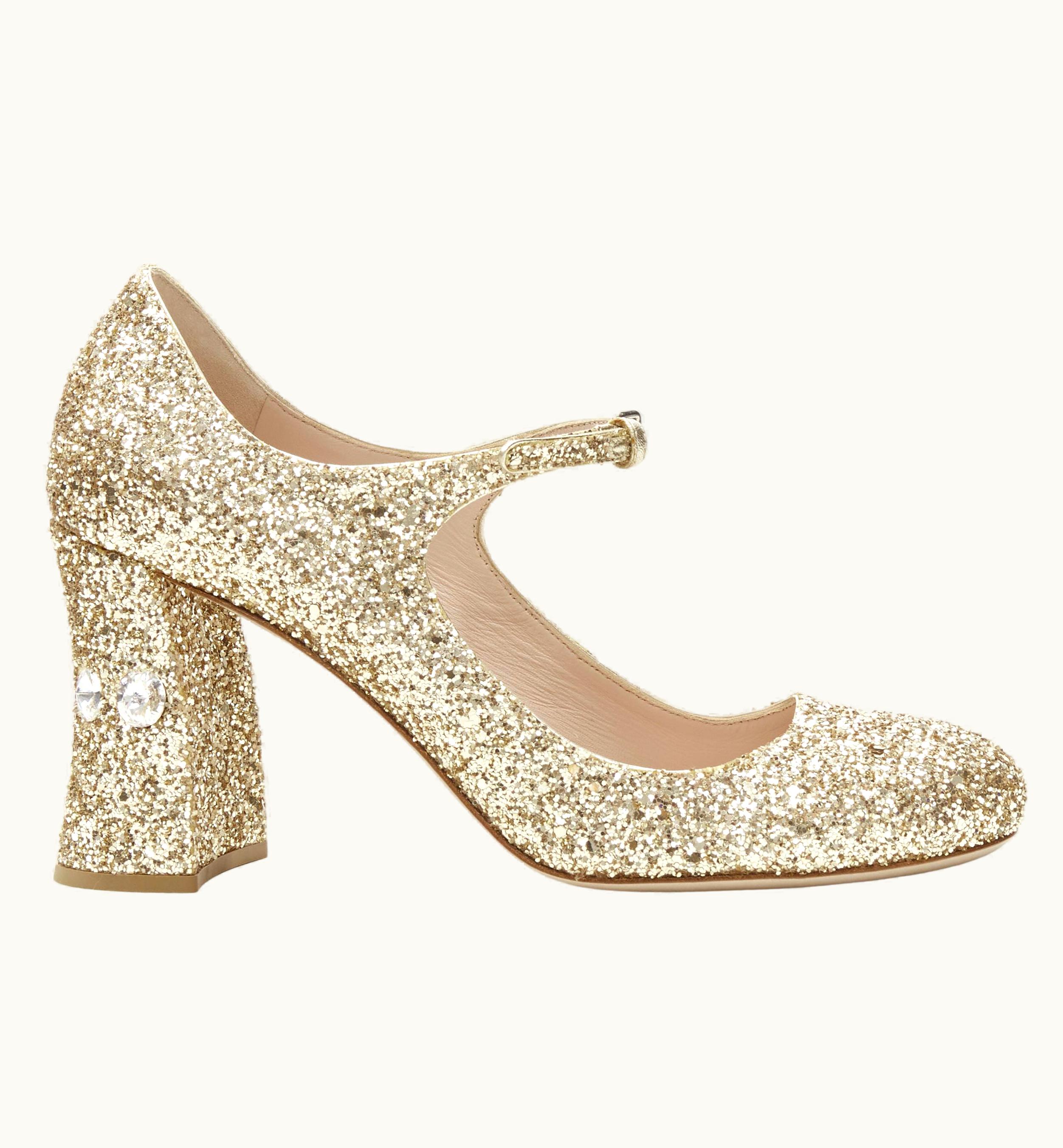 Miu Miu Miu Miu Jewel Crystal Rhinestone Gold Glitter Maryjane Block Heel