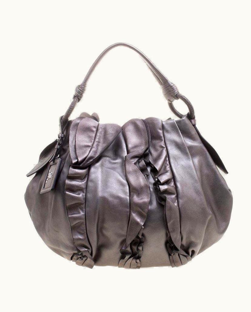 Prada Prada Metallic Grey Leather Ruffle Hobo