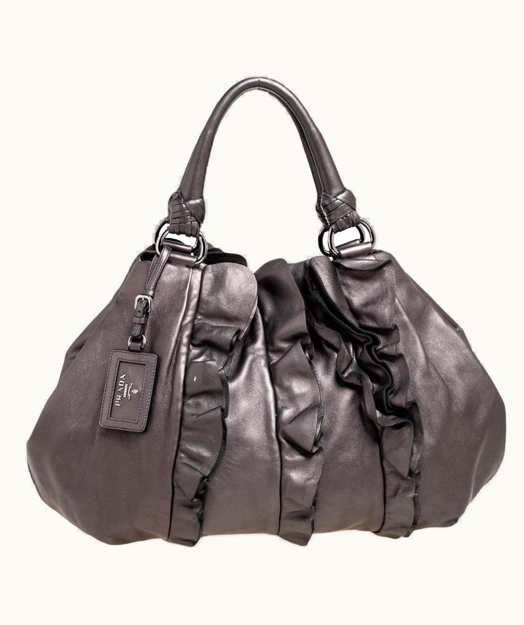 Prada Prada Metallic Grey Ruffled Leather Hobo